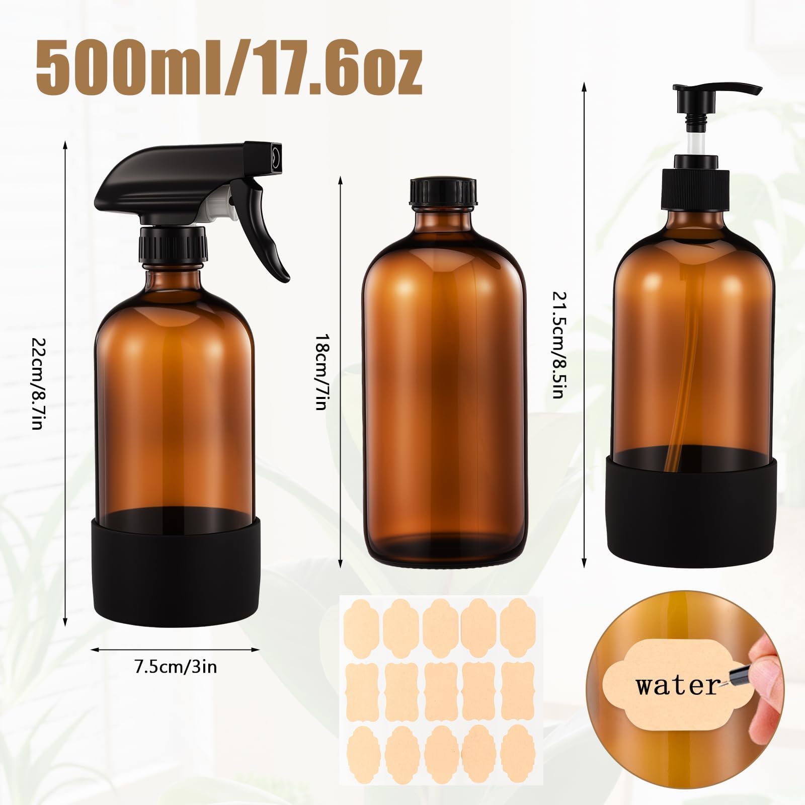 3 Botellas Spray Vidrio Ámbar 500ml, Rociador Ajustable, Spray Bottle, Pulverizador Agua, Bote Spray Pulverizador para Limpieza y Plantas - 2