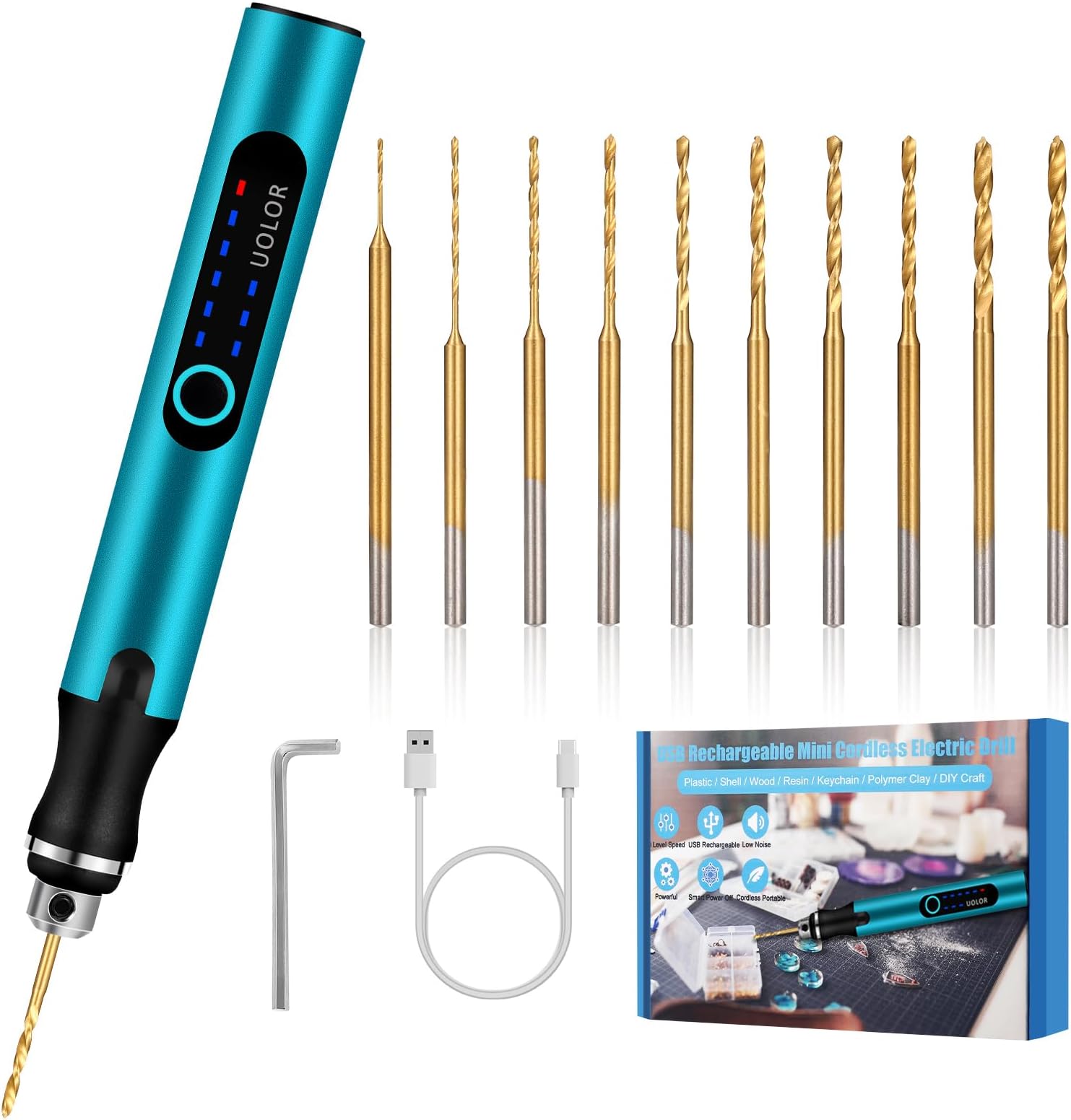 Uolor 3-Speed Cordless Mini Drill Pen, Rechargeable DIY Electric Hand Drill with 10 Small Drill Bits, Micro Drill Set for Jewelry Making Resin Keychains