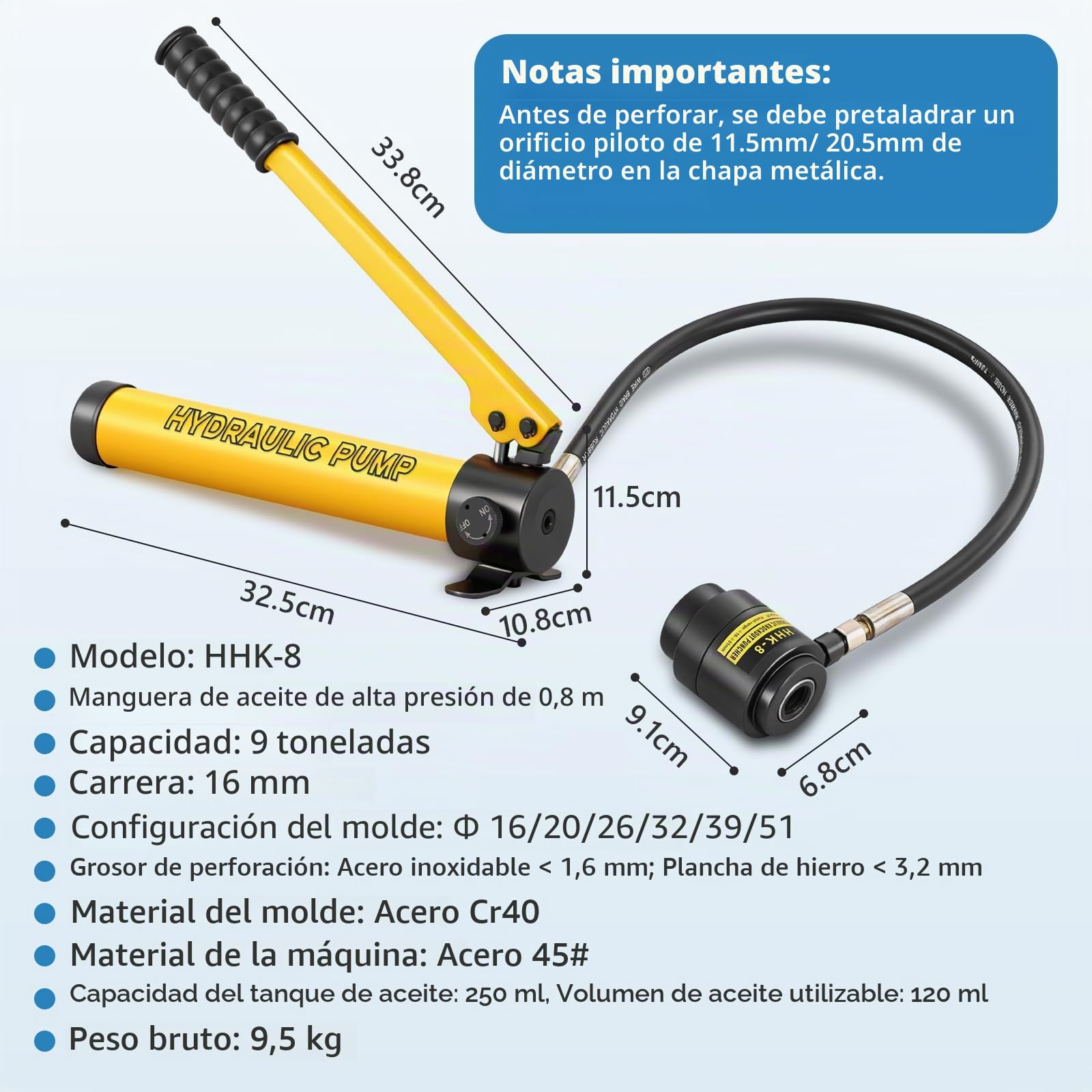 MXBAOHENG 9 T Perforadora hidráulica de metal con 6 troqueles de 16/20/26/32/39/51 mm perforadora hidráulica para acero inoxidable ≤ 1,6 mm; chapa de hierro ≤ 3,2 mm