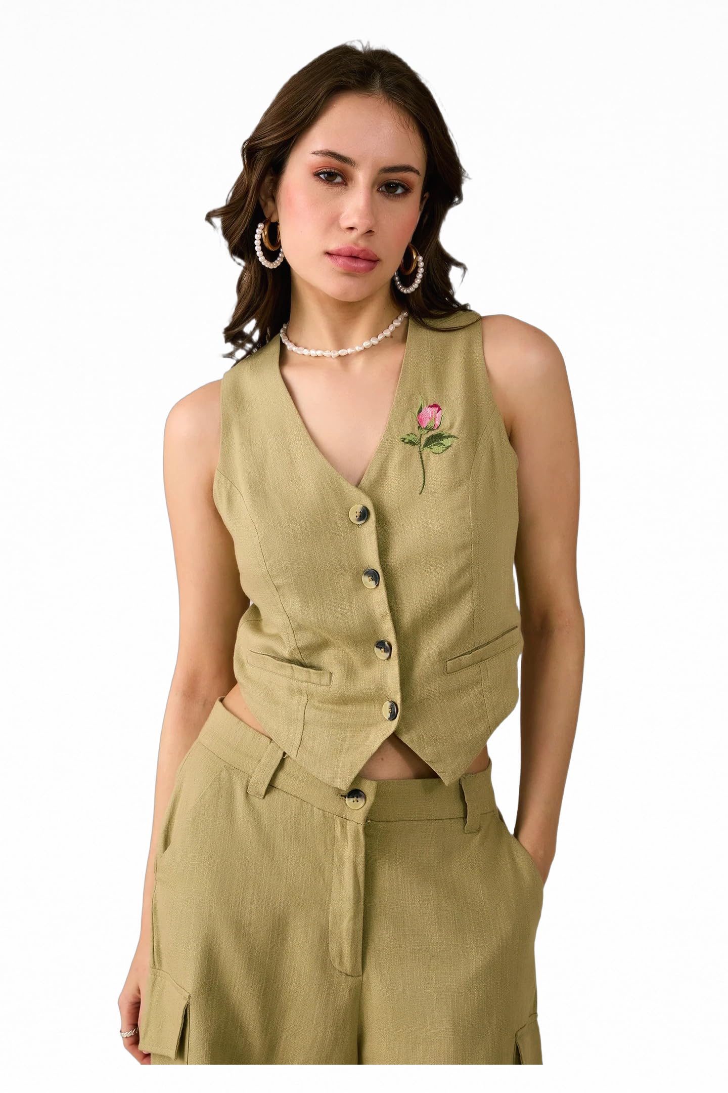Linen Bodycon Fit Embellished Casual Olive Rose Vest with Embroidered V-Neck for Women