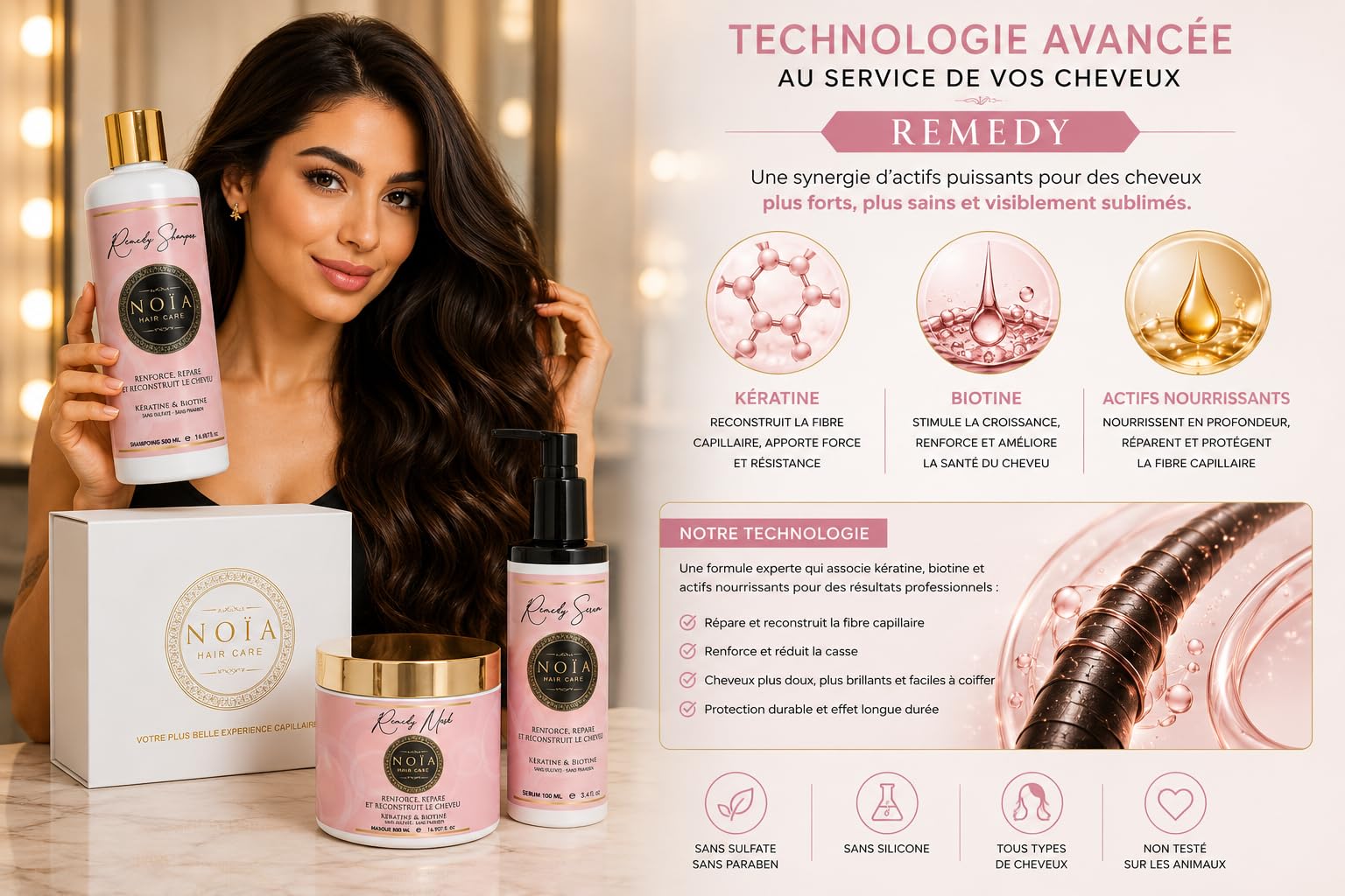 NOÏA HAIR – Coffret Prestige REMEDY – Shampoing 500 ml + Masque 500 ml + Sérum 100 ml – Kératine & Biotine – Réparation & Anti-Casse – Cheveux Abîmés & Fragilisés
