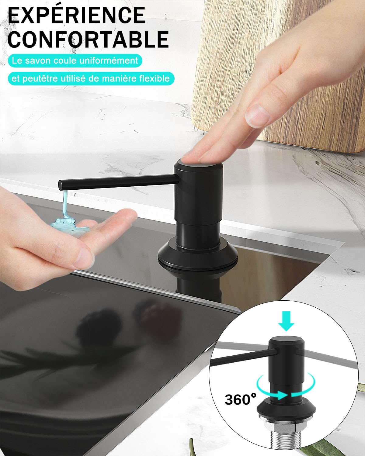 Distributeur Savon Encastrable Noir, Distributeur Savon Cuisine pour Évier, Distributeur Liquide Vaisselle avec Bouteille 300 ML et Tuyau de 1,2 M, Distributeur de Savon en Cuivre, Écrou Métal