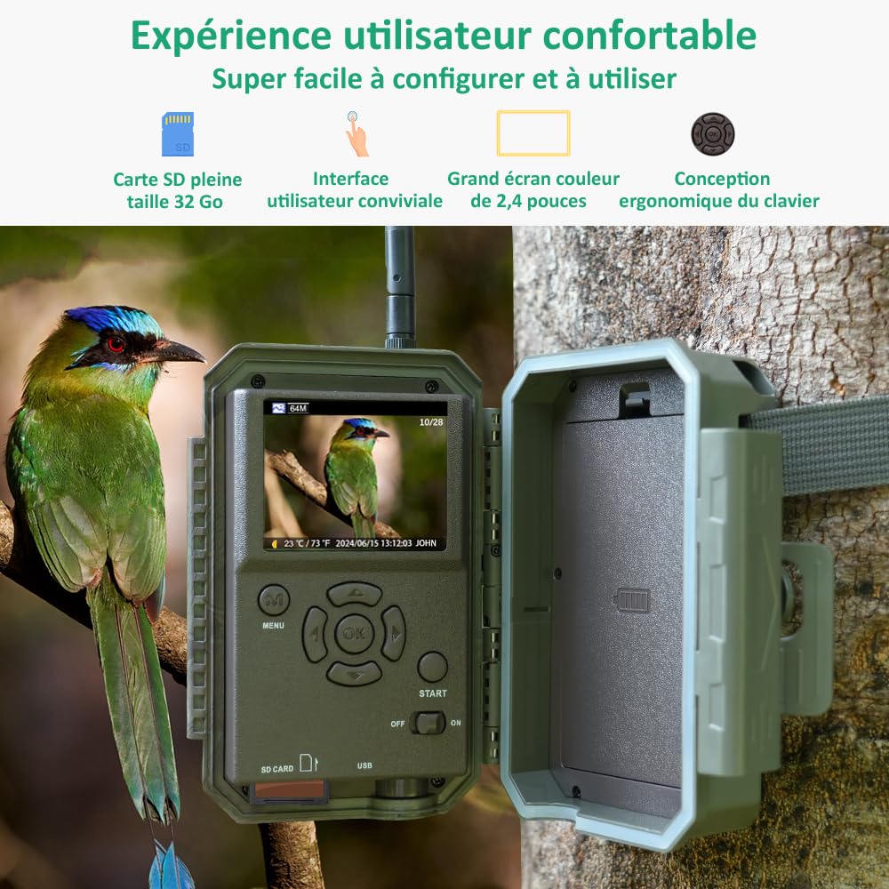 GardePro E8 Camera de Chasse WiFi, Carte SD de 64 Go, 64MP 1296P Vidéo