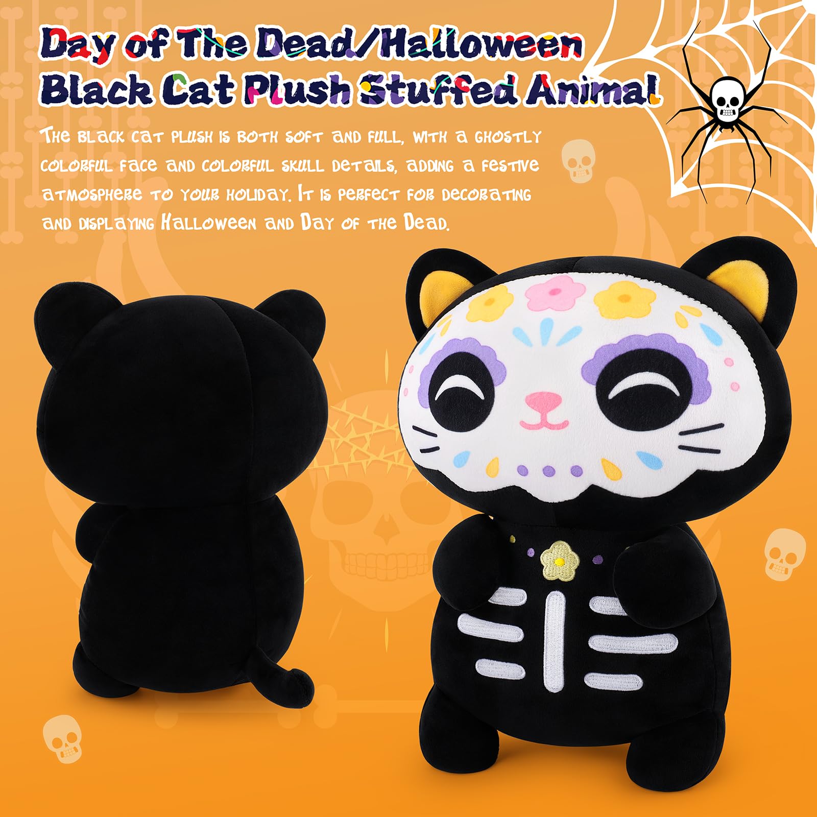 Stuffed Cat Halloween Plush Pillow Sugar Skull Decor Stuffed Black Cat, Day of the Dead Decoration Skeleton Kitten - Image 4