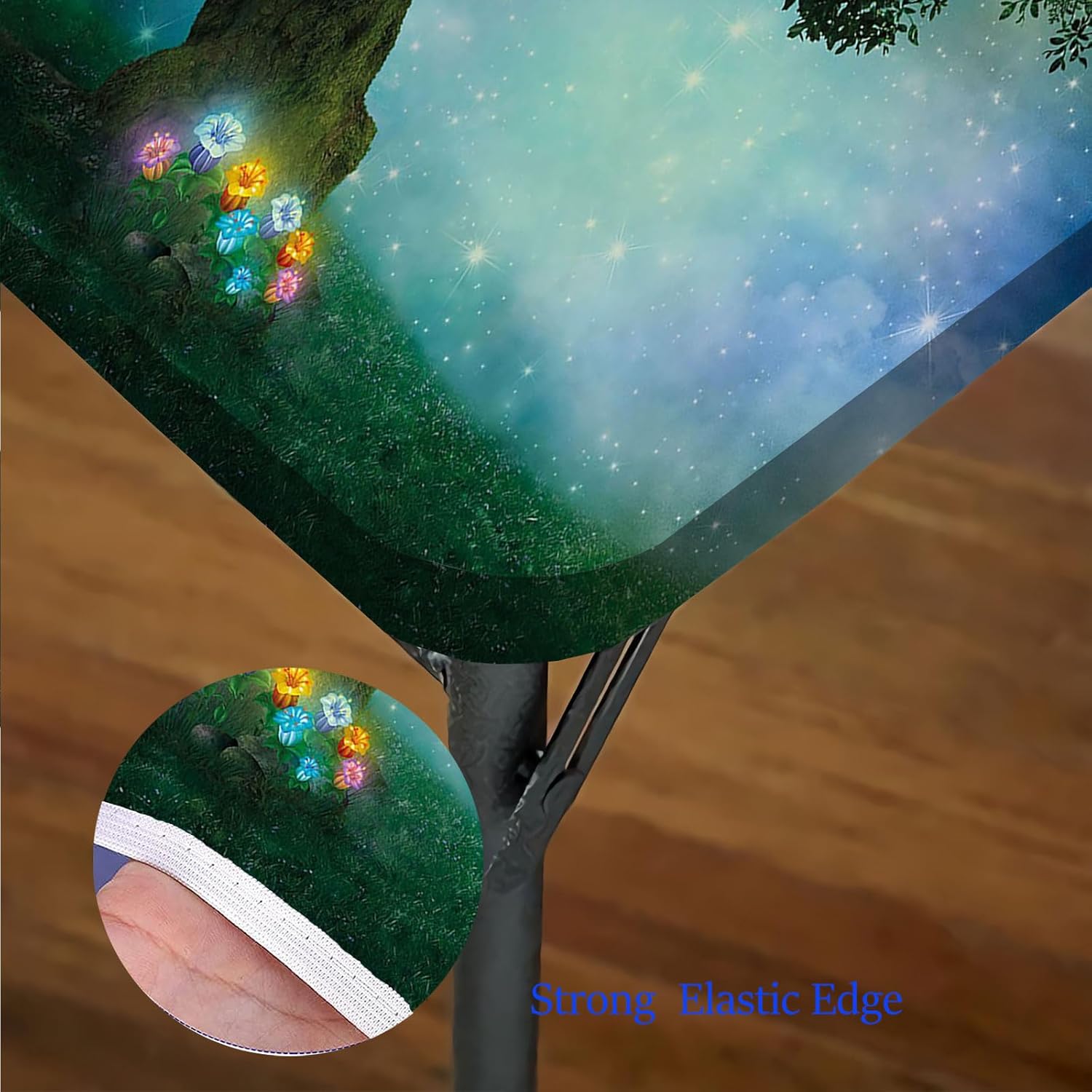 Forest Decor Table Cover Square, Fairytale Forest at Night with Flowers and Stars Square Dining Table Cover, Fits 40x40 inch Table, for Outdoor Indoor Holiday Picnic Party Cloth, Multicolor