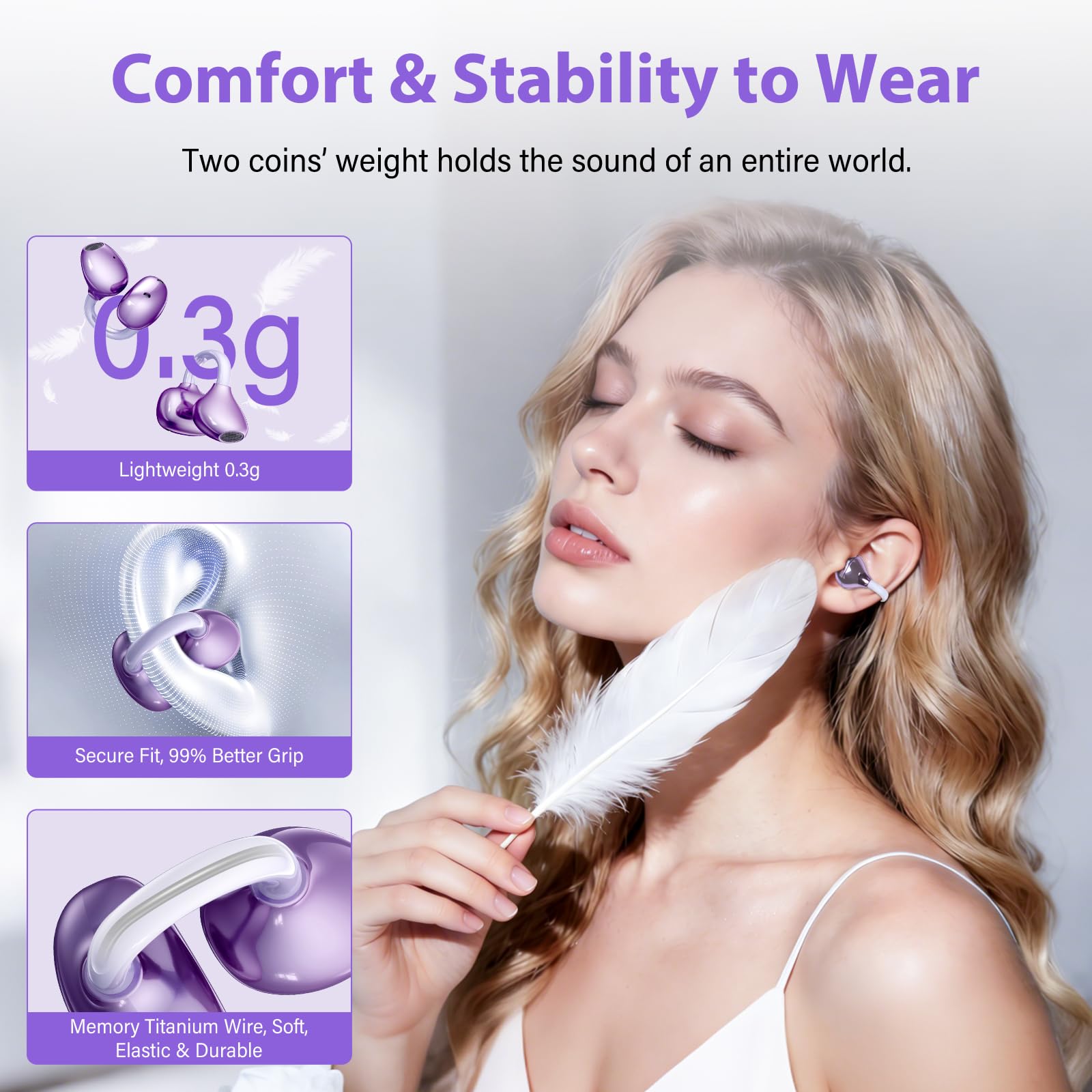 Clip-On Bluetooth Earbuds,Open-Ear Sports Headphones,Wireless bone conduction earphones,Innovative Earhook Design for Fitness,80 hours standby time, Secure Fit, Water and Dust Resistant (Purple) - 2