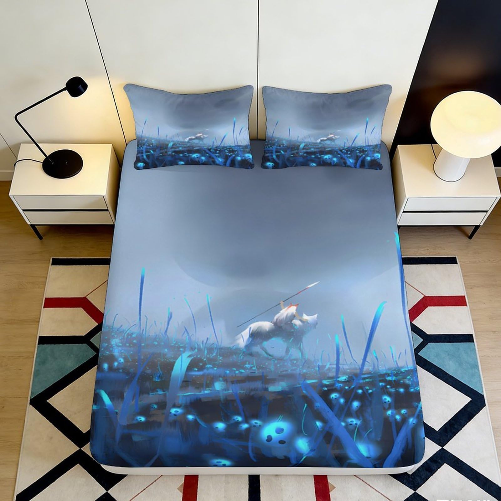 3D Printed Fantasy Wolf Fitted Sheet Microfiber Soft Blue Night Forest Bed Cover for Bedroom Dorm Decor Mattress Protection 90x200x25cm