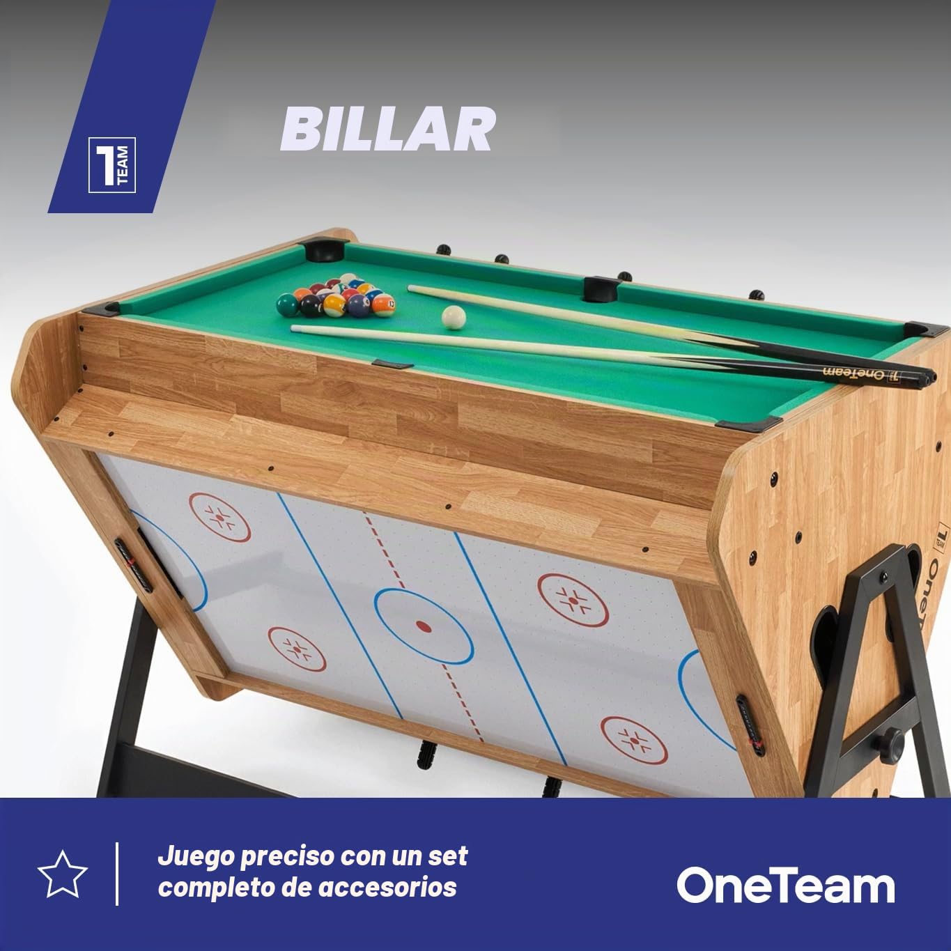 OneTeam FunArena 3en1 – Mesa de juegos: futbolín, billar, air hockey; multifuncional, estable, compacta con campos de juego intercambiables, ideal para el hogar, salas comunes y salas de juegos