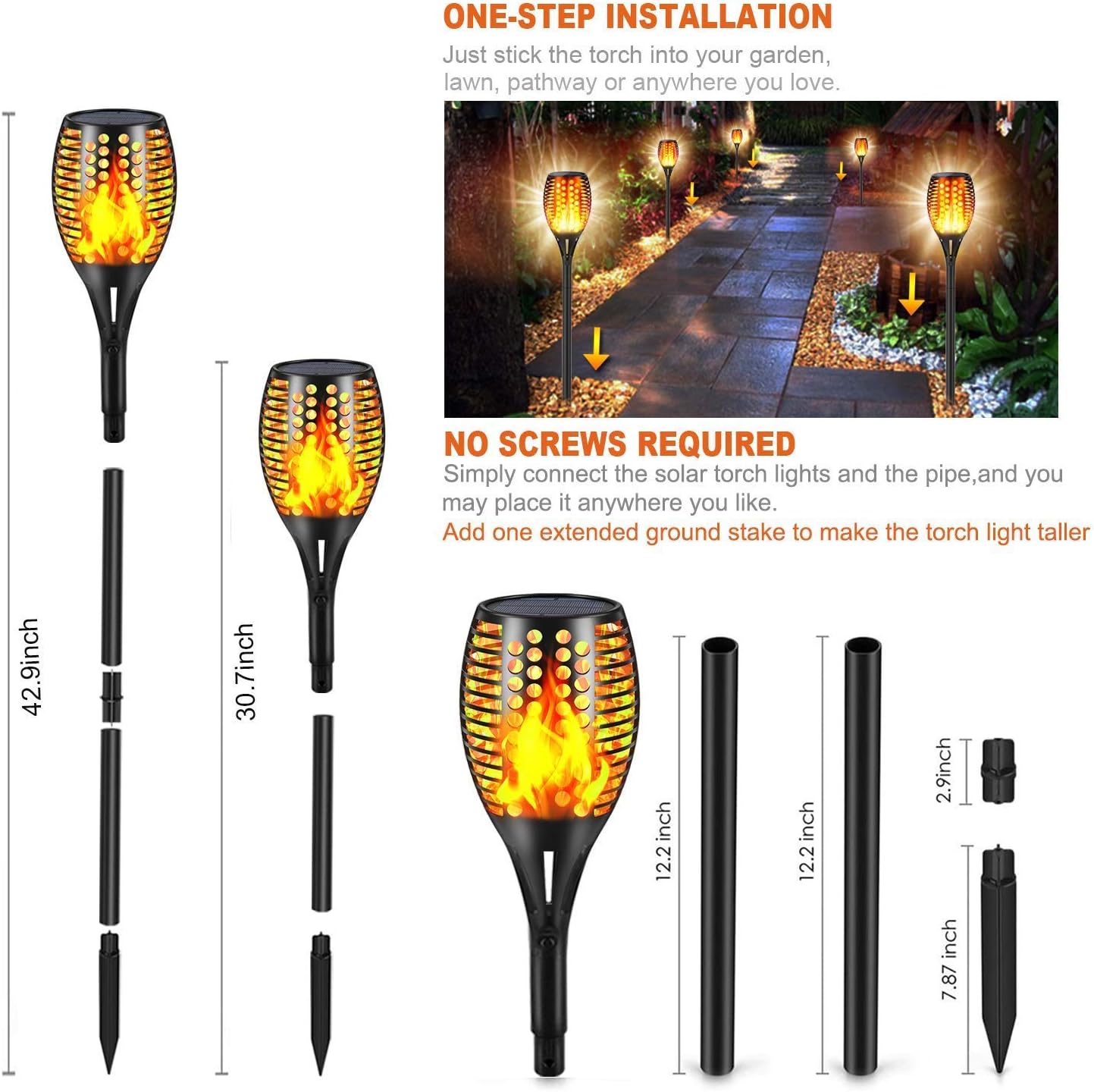 Solar Lights Outdoor, 43" Waterproof Flickering Flames Torch Lights, Solar Landscape Decoration Lighting Auto On/Off Pathway for Garden Patio Yard Christmas, 2 Packs image 3