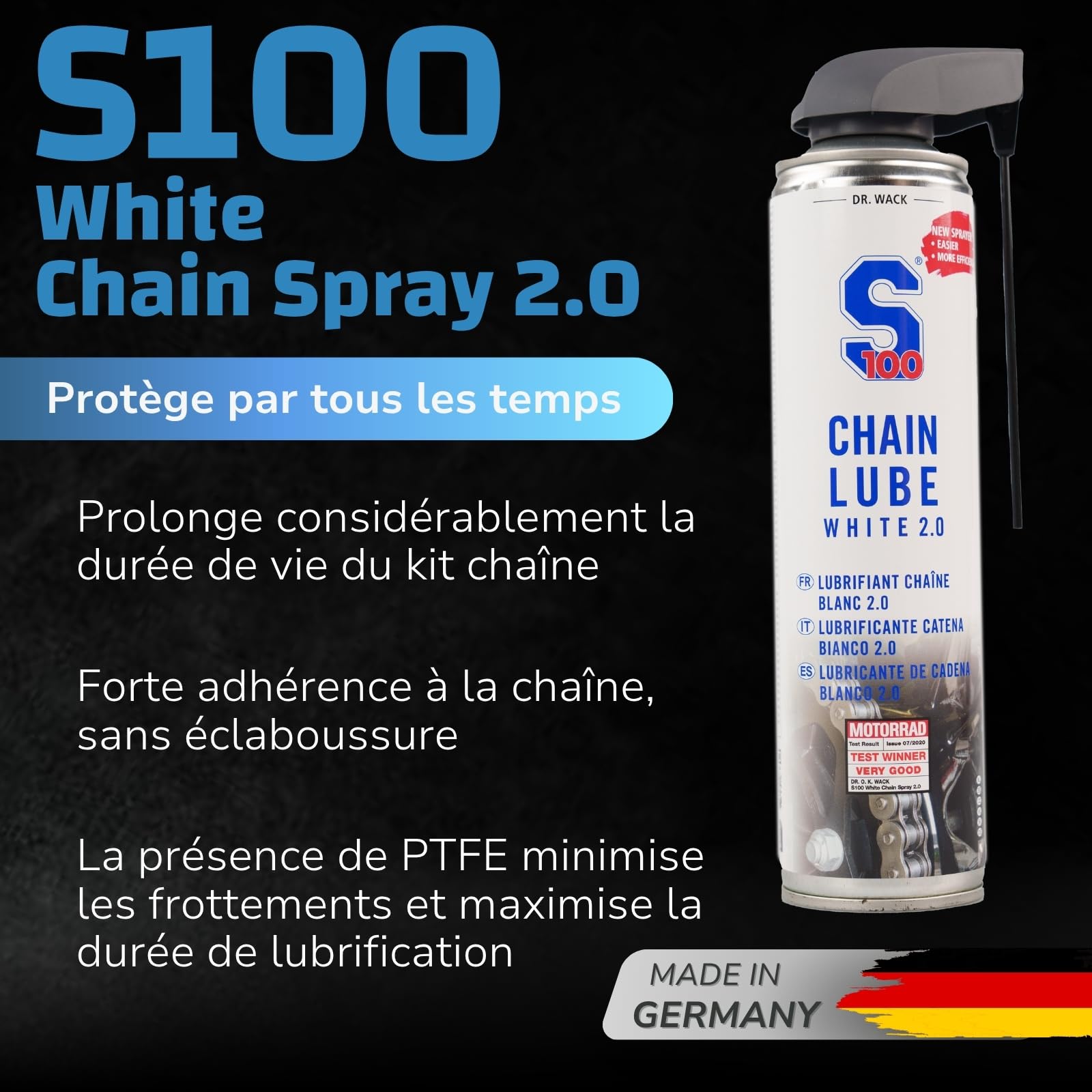 Dr. Wack - S100 Chain Lube - Lubrifiant Haute Performance & pour Chaîne de Moto - Protection Longue Durée contre Usure et Corrosion - Résistant à l'Eau - Fabriqué en Allemagne - Spray 400 ml