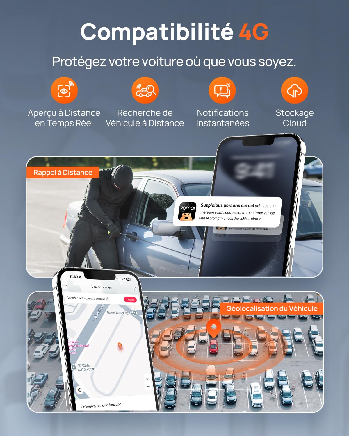 70mai Dashcam Voiture A810S, 4K+1080P Dashcam Voiture Avant Arrière Double STARVIS 2, HDR Vision Nocturne, 4G LTE, ADAS, GPS Intégré, WiFi & App Contrôle，Mode Stationnement avec Carte MicroSD 128 Go