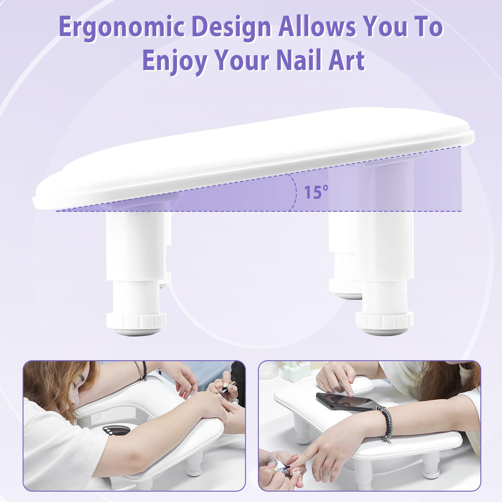 Poggiamano per Unghie, Appoggia Mani per Unghie in Pelle PU e Spugna Morbida, Forma U, con Supporto Regolabile in Altezza, Kit per Nail Art e Lampade per Unghie, Bianco