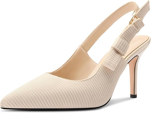 NobleOnly Womens Stilettos Slingback Heels Close Pointed Toe Bow-Knot Pumps Adjustable Buckle Office Dress Slip-on Shoes 3.3 Inches Heels