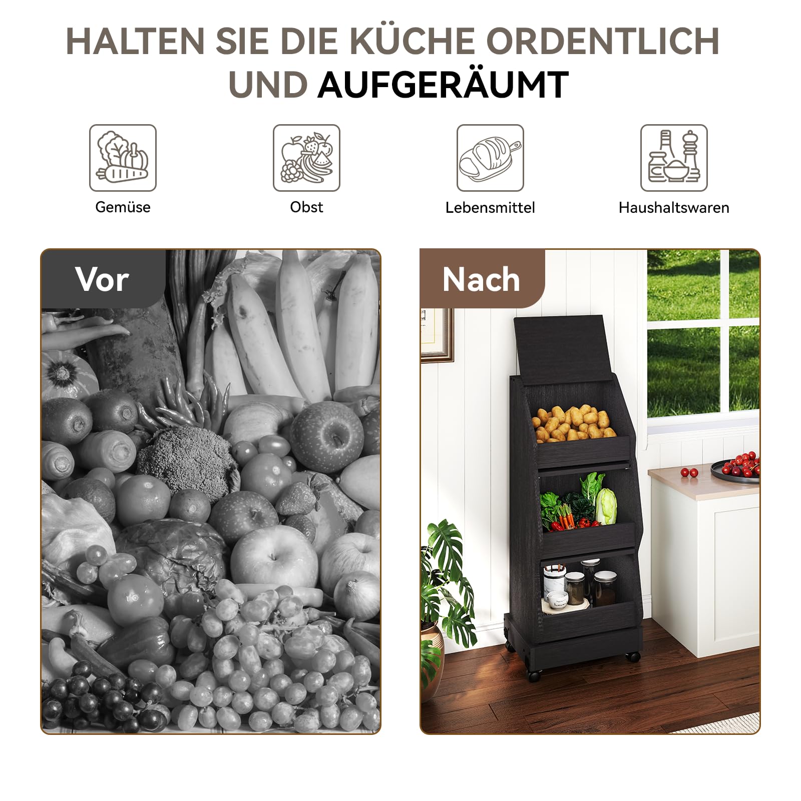 ARTETHYS Gemüseregal mit Rollen, Kartoffelkiste aus Holz, Aufbewahrungskiste mit Deckel, 3 Etagen Obst und Gemüse Aufbewahrung, Küchenwagen Rollwagen, Schwarz