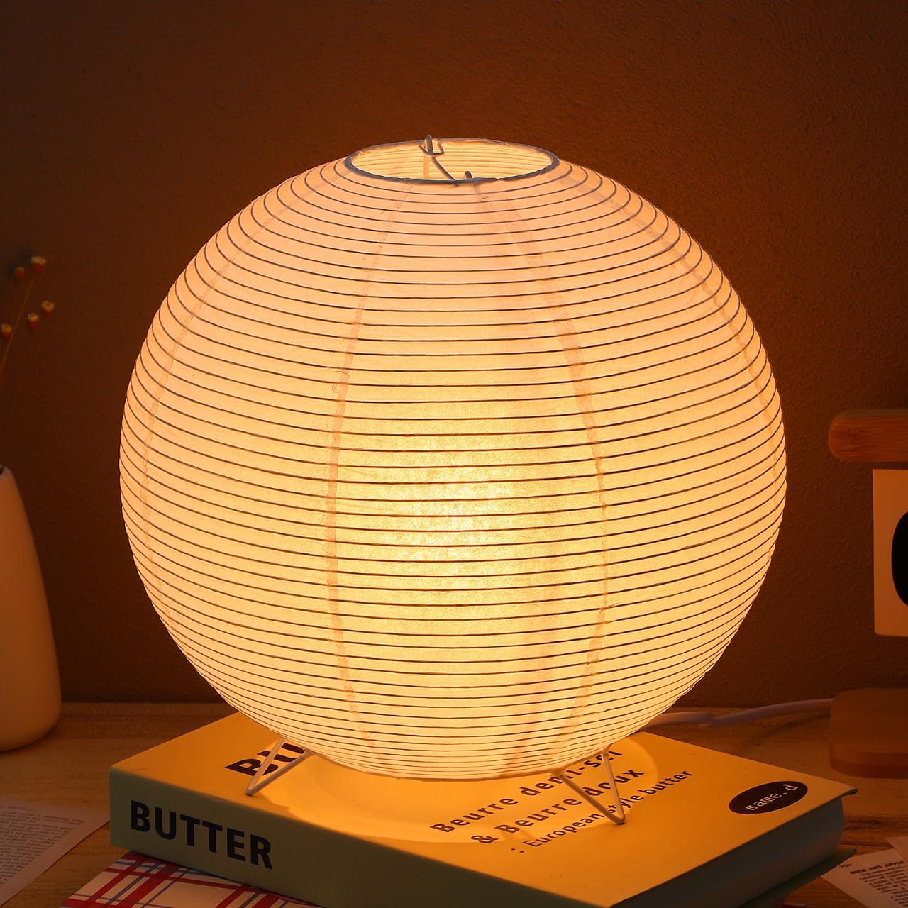 Lurrose Rice Paper Lamp Desk Floor Lantern Nightstand Bedside Smalll Lamps for Bedroom Living Room Office Classroom Dorm (Ball, 9.8"x9.8"Inch)