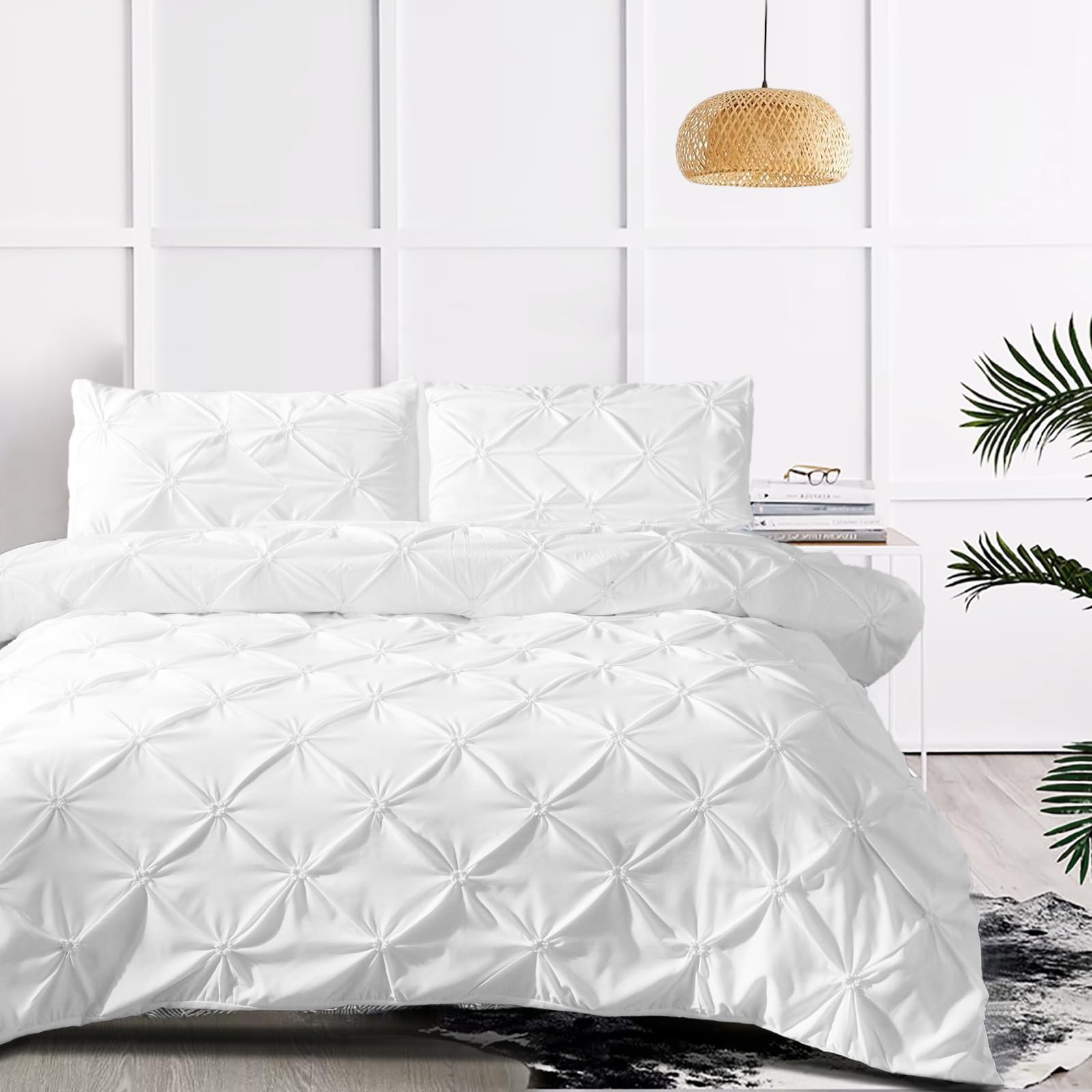 Wotcsil Funda Nórdica Cama 135/150 Pintuck Blanco 220x240 cm con Colcha Fruncida En Pellizco Juego de Cama de Funda Edredón con Funda de Almohada en Microfibra Suave Color Sólido, Blanco