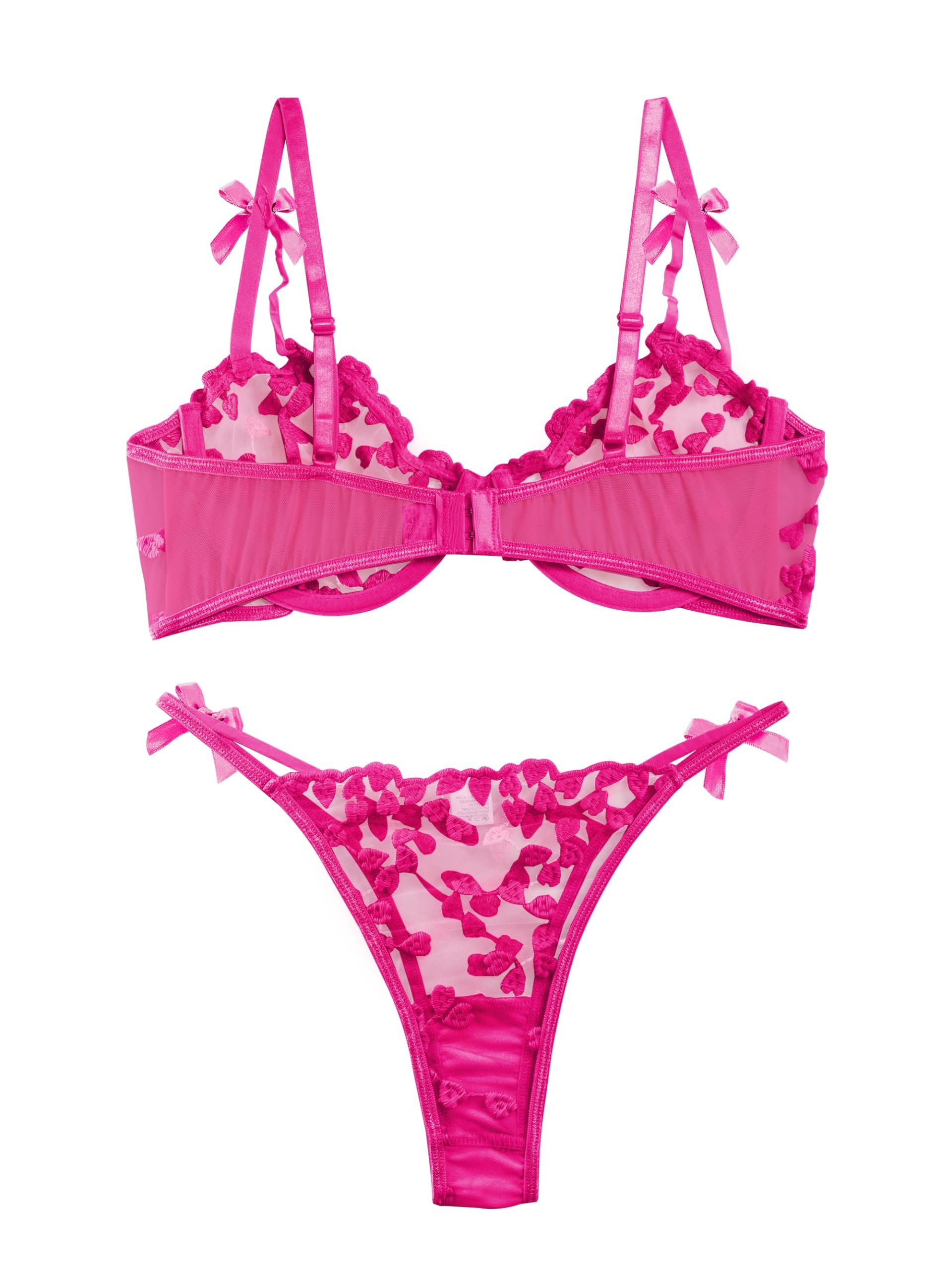Lilosy Sexy Underwire Cute Push Up Strappy Embroidered Mesh Sheer Lingerie Set See Through Panty Bra: 3X-Large Bow Hot Pink