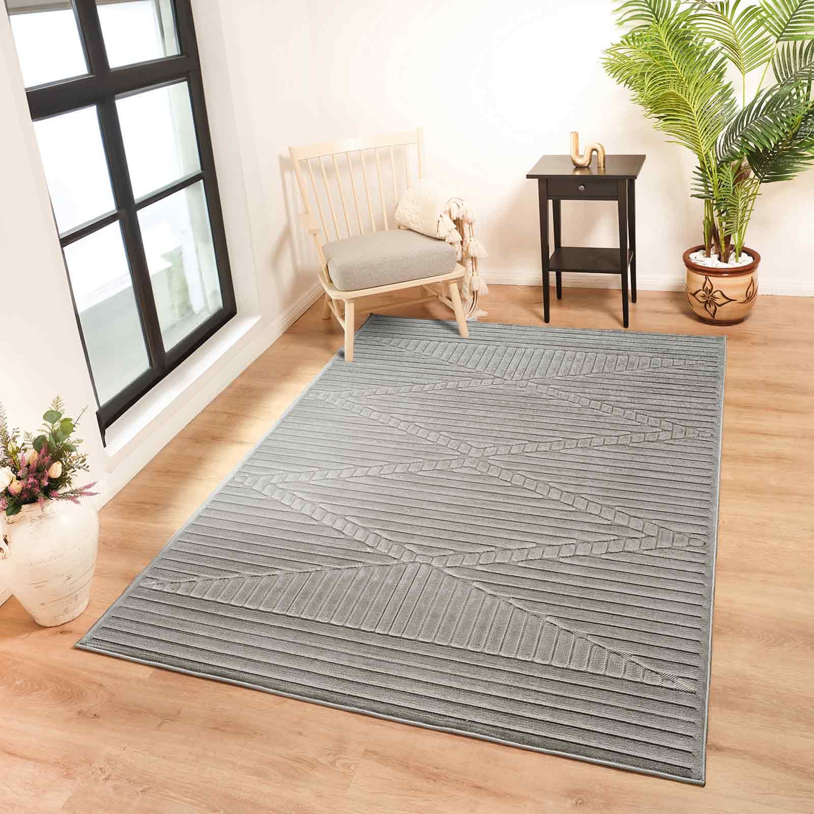 Livabliss Le Mans-Modern Grey 3D High & Low Pile Textured In- & Outdoor Rug 120 X 170 Cm Easy CareNon Shedding from B&Q