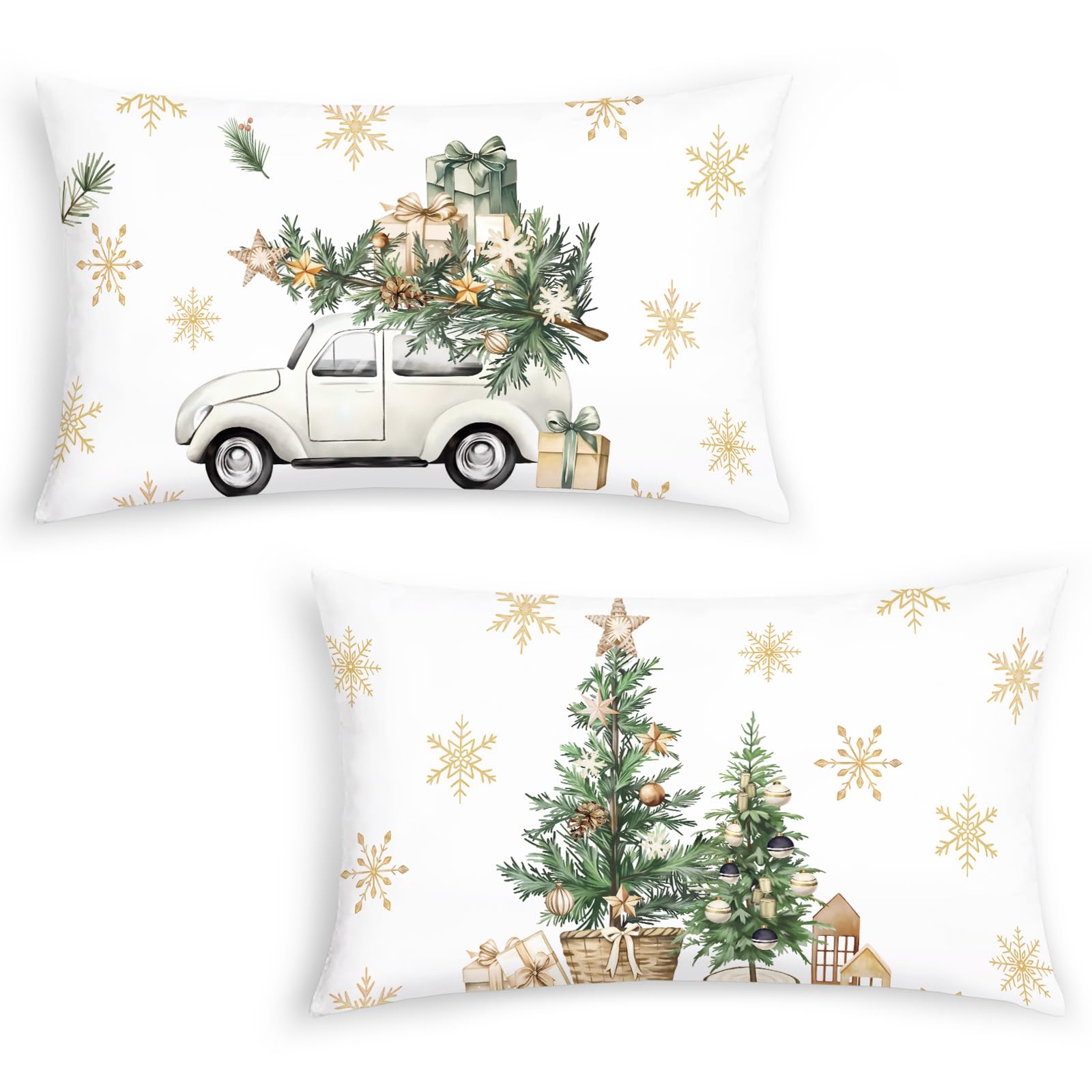 Bonhause Winter Christmas Cushion Covers 30 x 50 cm Xmas Trees Gift Boxes Truck Snowflakes Decorative Throw Pillow Covers for Sofa Bed Home Patio Winter Holiday Decor Set of 2