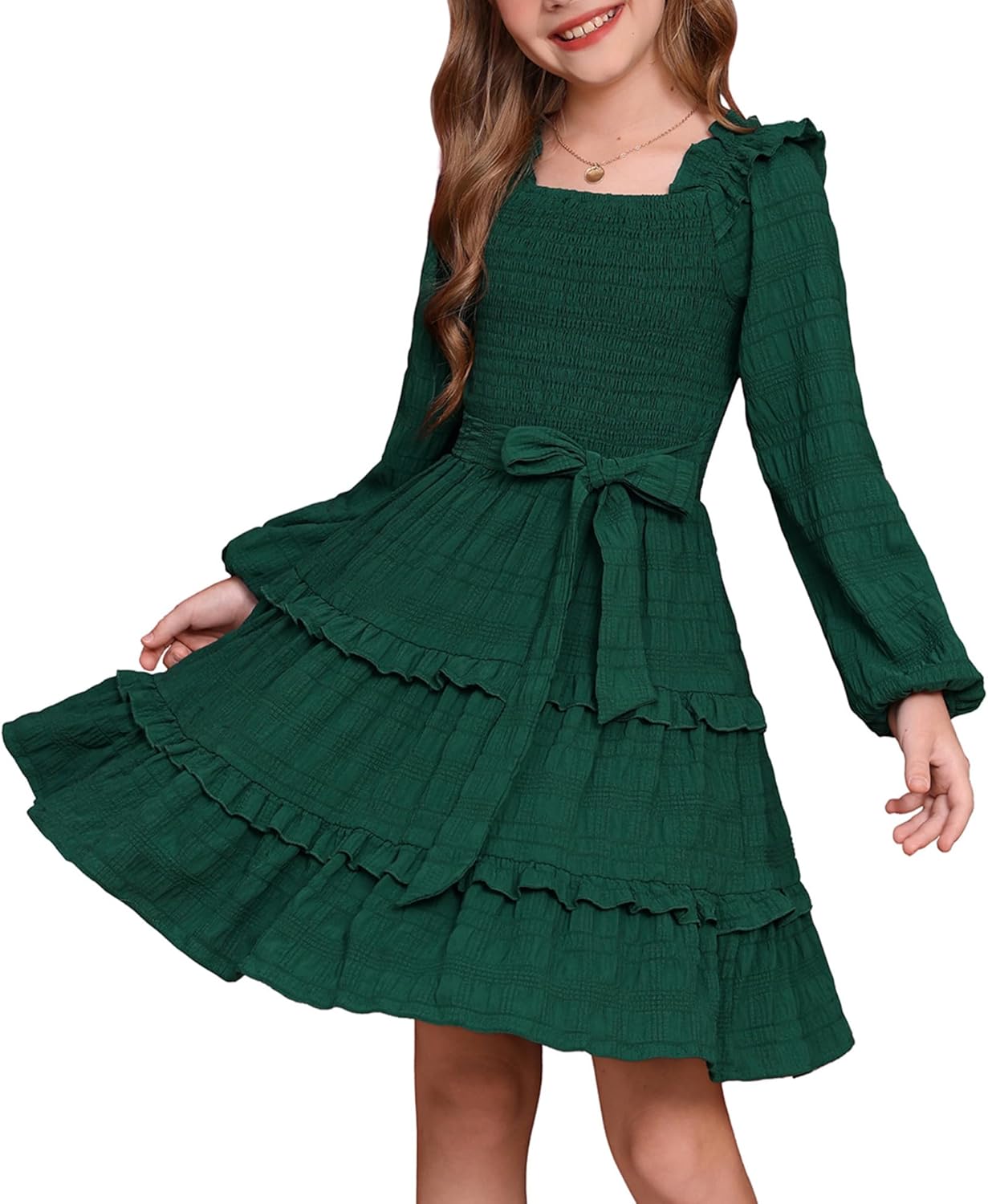 GRACE KARIN Girls Ruffled Dress 6-14Y Fall Long Sleeves Christmas Party Festive Dresses