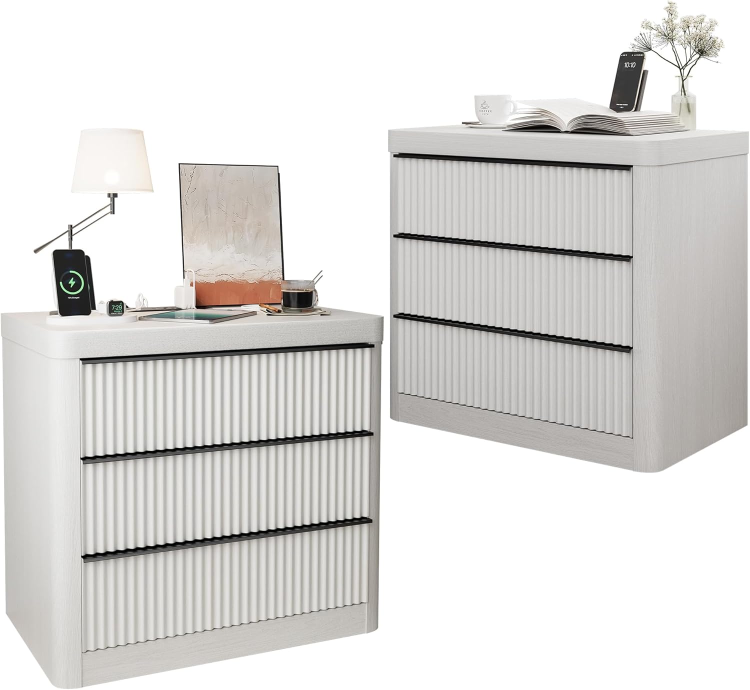 FUSUNBAO Fluted Night Stand Set of 2 with Charging Station,3 Drawers Large End Table with Storage,Natural Nightstand Wood Bedside Tables,Farmhouse Cabinet Dresser for Bedroom,Sofa Table (White Oak)