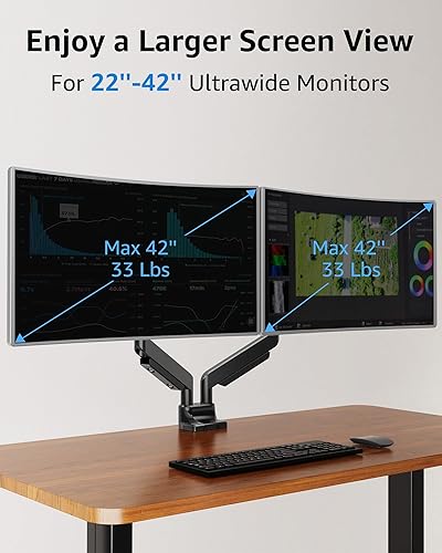 Miniatura 2 de MOUNTUP Soporte de monitor doble para pantalla ultraancha de 17 a 42 pulgadas, soporta 6.6-33 libras, soporte de escritorio con brazo de monitor