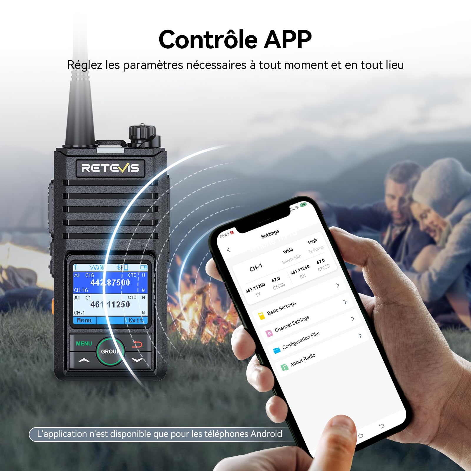 Retevis RB658 Talkie Walkie Réglage par App, Radio Bidirectionnelle Professionnelle, Réduction Intelligente du Bruit, Alarme, 1800 mAh, Talkie-Walkie pour Adultes, Moto (Pack de 2 avec écouteurs)