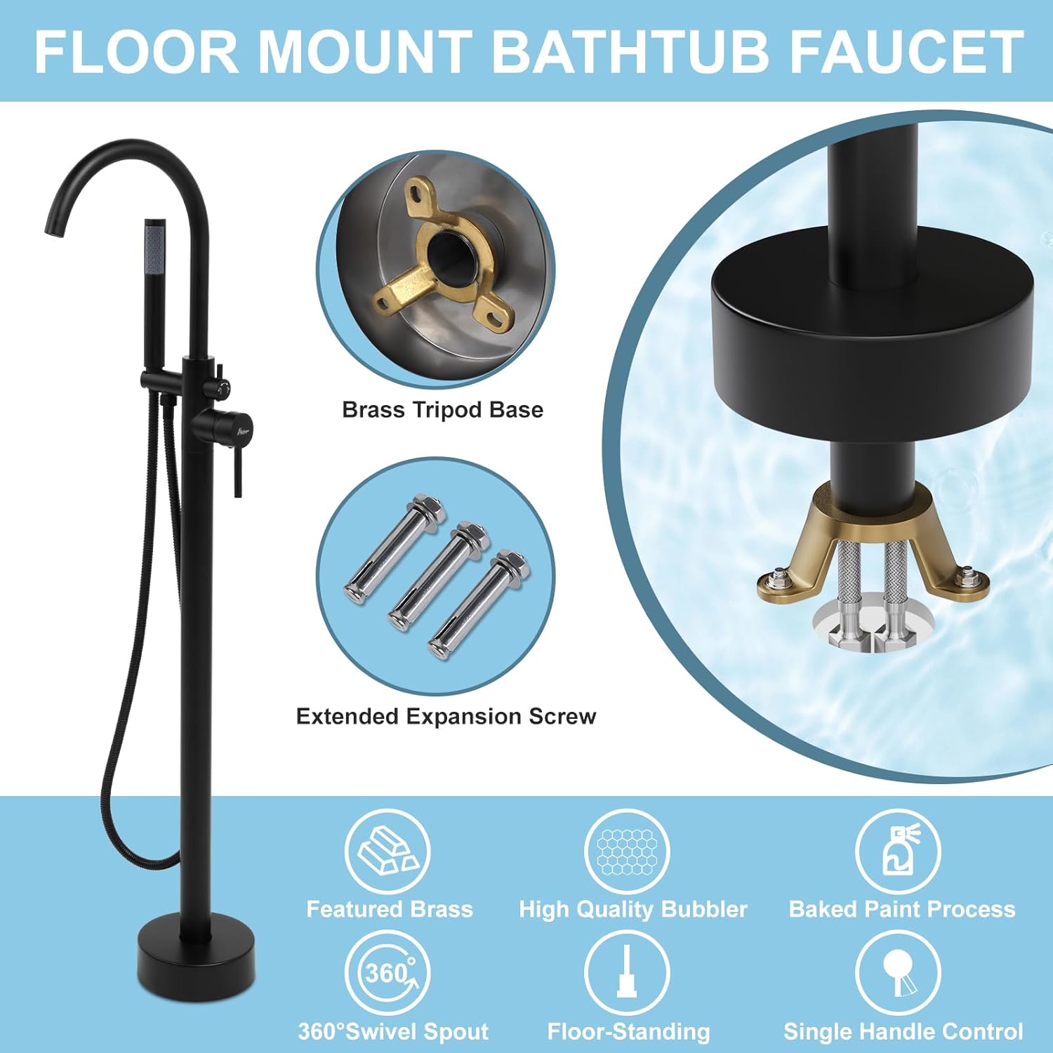 Freestanding Bathtub Faucet, Floor Mount Bathtub Faucet with 2 Water Outlet Modes, Swivel Gooseneck Spout with Hand Shower, Brass Single Handle Tub filler, Max Flow Rate 7.4 GPM, Matte Black - Image 2