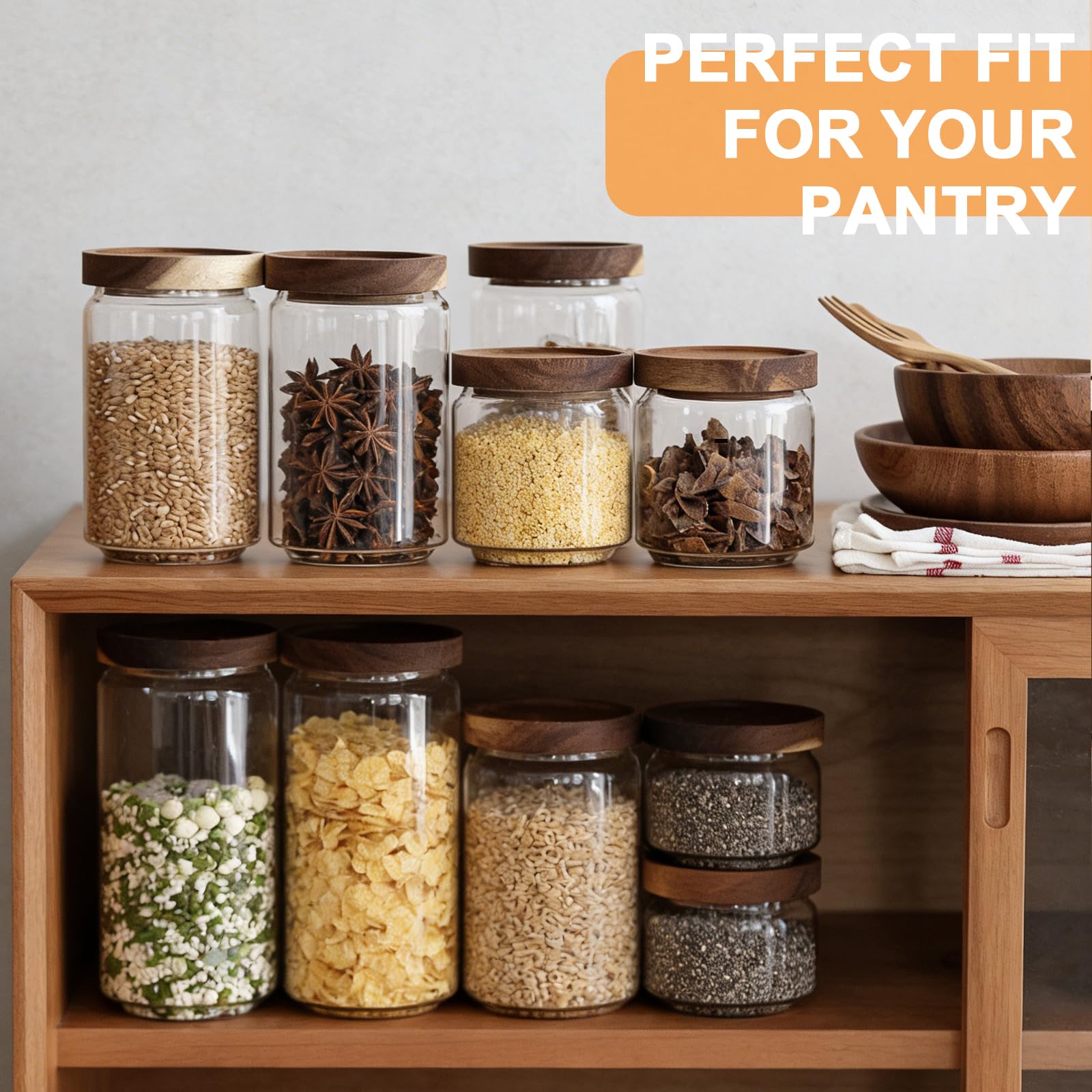efuturetime 4 Barattoli in Vetro Ermetici con Coperchio in Legno 1000ml/750ml/500ml/350ml, Barattoli di Stoccaggio Impilabili Ermetici da Cucina per Spezie per Conservare Cereali, Zucchero, Caffè, Tè