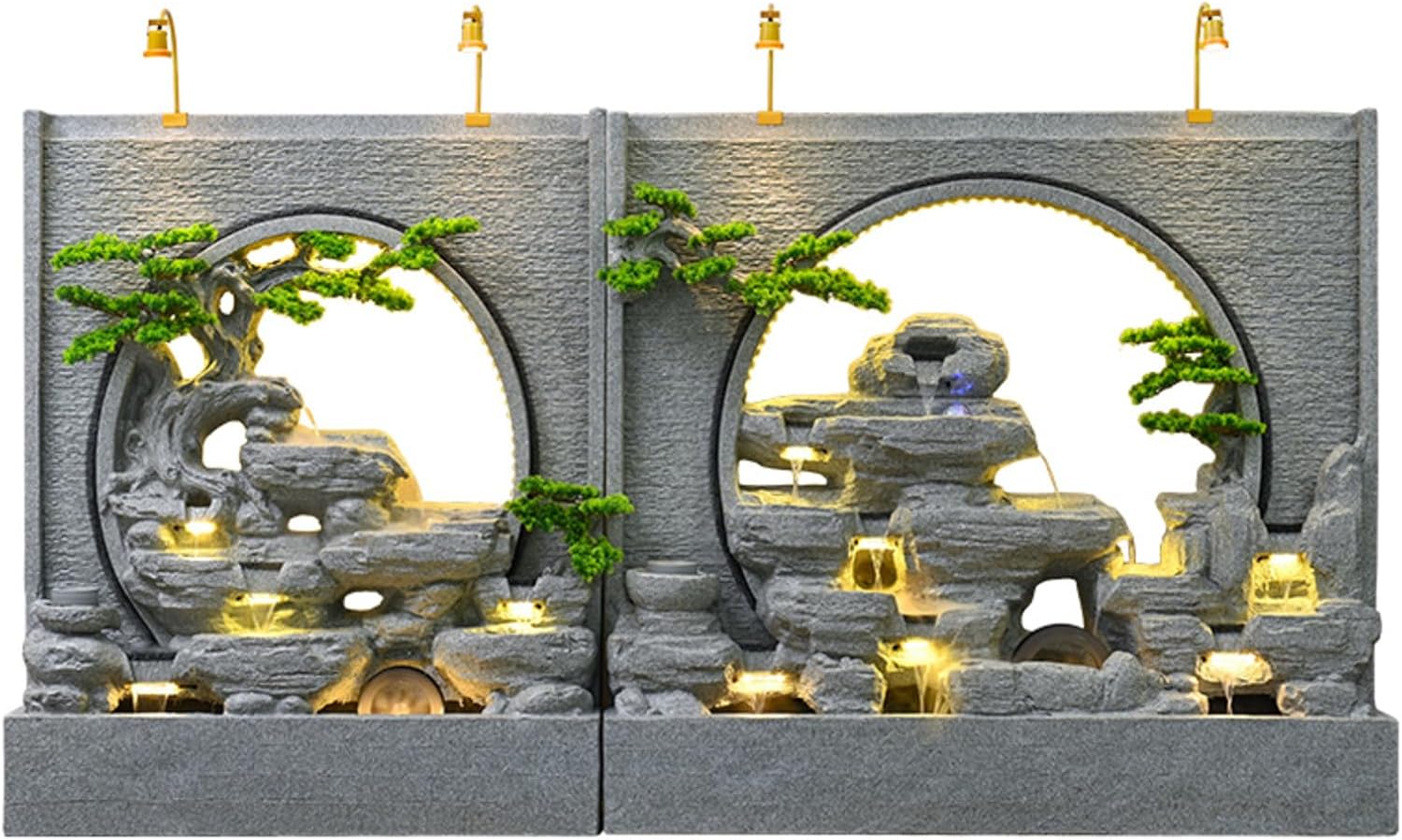 Zen Garden Landscape Waterfall Gray Rockery Fountain with LED Lights and Artificial Greenery – Tranquil Indoor/Outdoor Decorative Water Feature, Housewarming Gift(C+A)