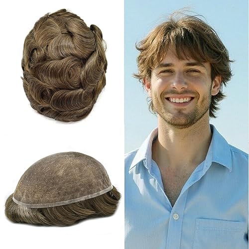 Miniatura 123 de Toupee para hombres, pieza de cabello completo suizo de encaje para hombre, sistema de reemplazo de cabello humano real para hombres, nudos