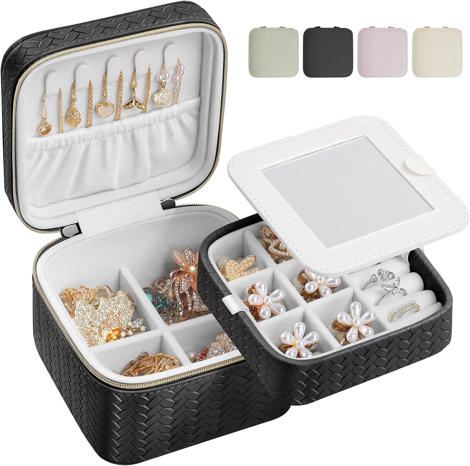 DesignSter Travel Jewelry Case for Woman, Small Travel Jewelry Box with Mirror,4.72×4.72×3.54 inches,Portable Design Travel Jewelry Organizer,Double Headed Zipper