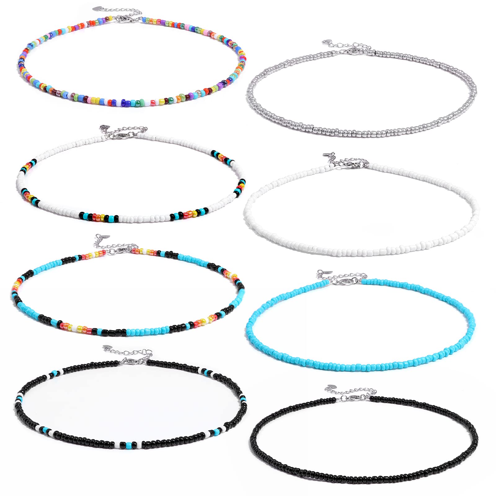 Risyfjew8 Pieces Western Bead Choker Necklace Set Handmade Glass Seed Bead  Boho Bohemian Cowgirl Hippie Summer Necklaces Jewelry Gift for Women