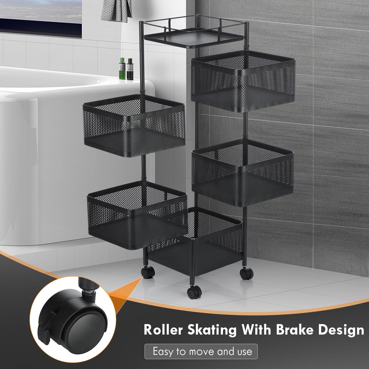 Carrito Auxiliar con Ruedas 5 Estantes, Carro de Cocina Multifuncional con Canastas, Carrito Verdulero y Frutero para Frutas y Verduras, Ruedas 360° para Cocina, Baño, Oficina, Despensa, Negro