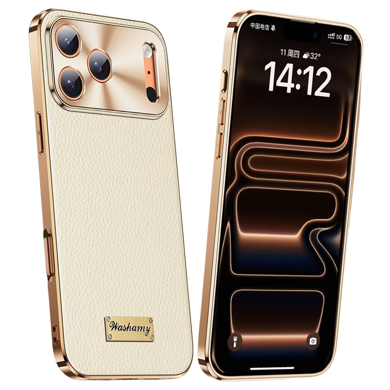 Coque iPhone 17 en cuir véritable blanc et cadre galvanisé de luxe - 8