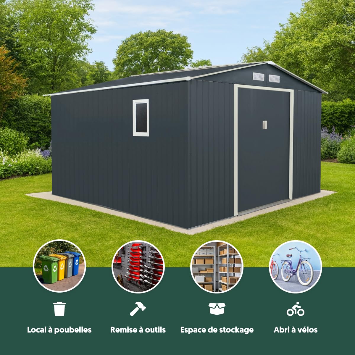 Abri de Jardin Métal Anthracite 10,85m² | Hauteur Parois 175cm | Fenêtre Latérale | Kit Ancrage Inclus | Abri à Outils Abri de Rangement Extérieur