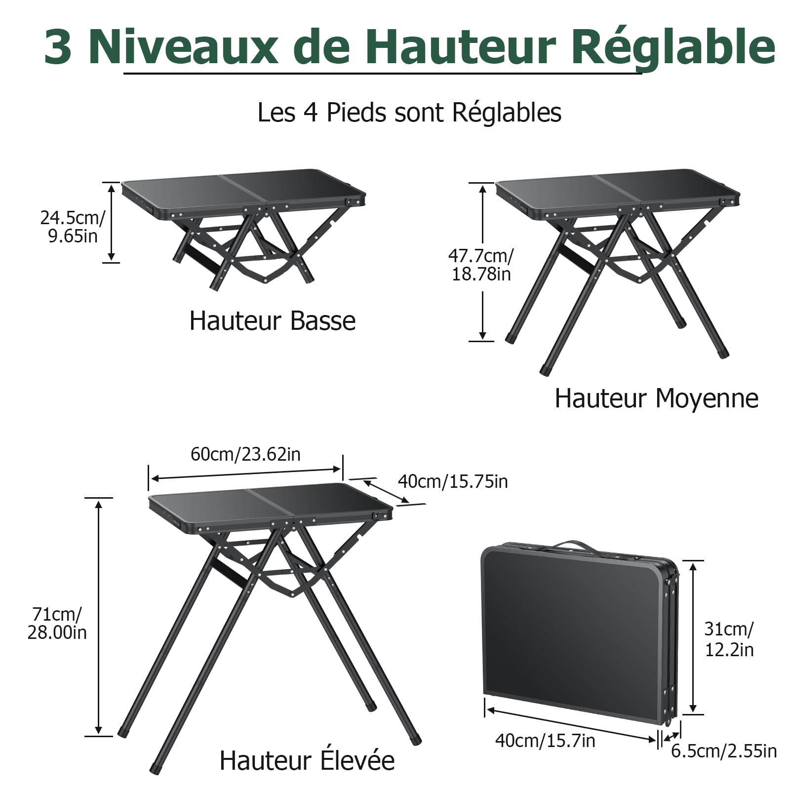 JiGiU Table de Camping Pliante 60 x 40 cm avec 3 hauteurs réglables | Table de Grillade Pliable, Structure en X Cadre en Aluminium, Table de pique-nique Portable pour Extérieur/Intérieur-Noir