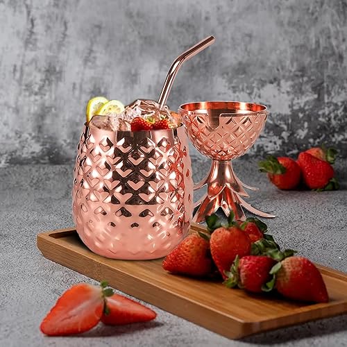 Miniatura 5 de Vaso de piña hecho a mano con popote de cobre de 16 onzas de acero inoxidable para colocar de pie, taza de cóctel, taza de bar, cocina, bebida,