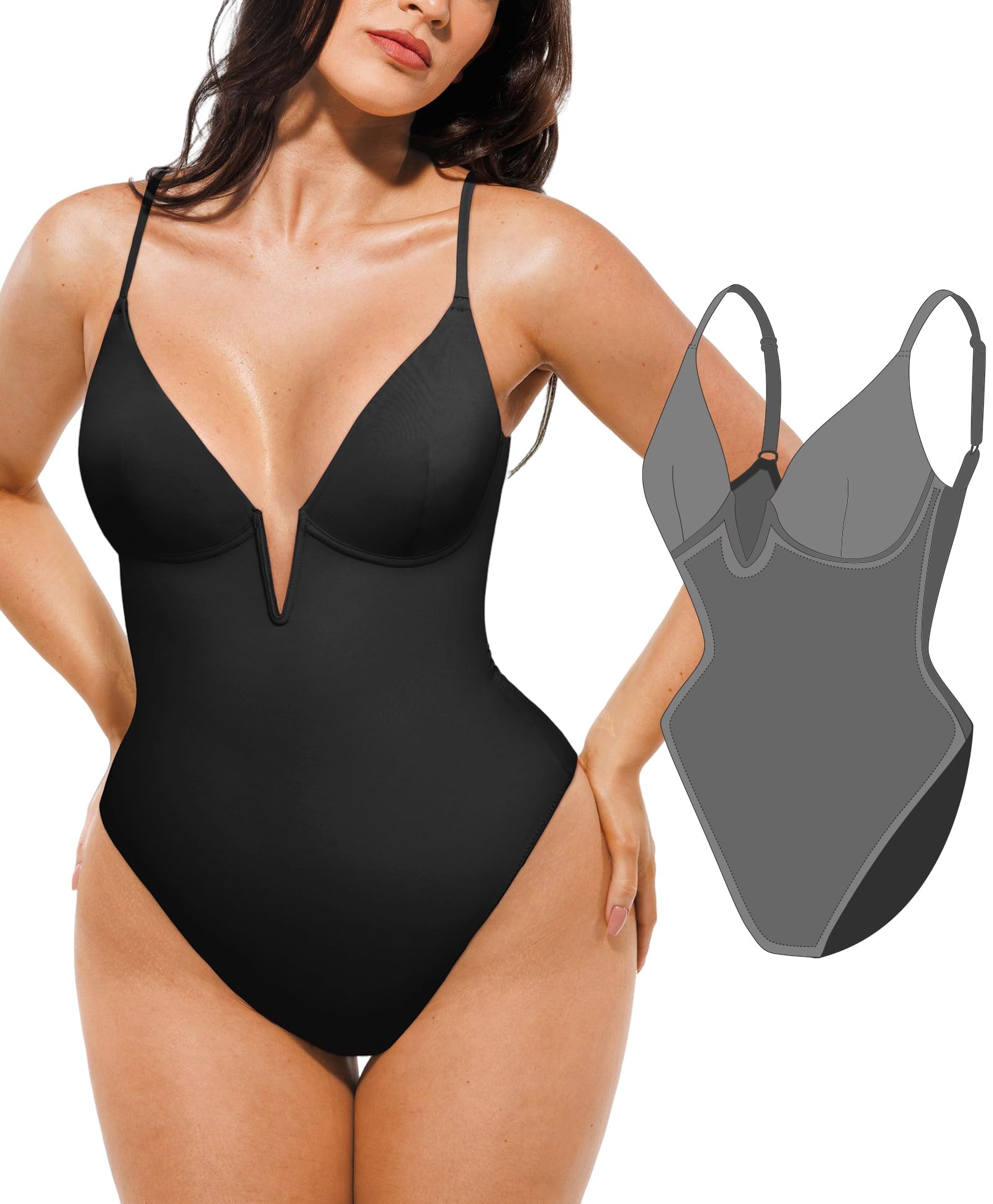 Photo 1 of Popilush Tummy Control Swimsuits for Women Shapewear One Piece Underwire Swimsuit Black Deep V Neck Bathing Suits Summer Beach Pool Vacation