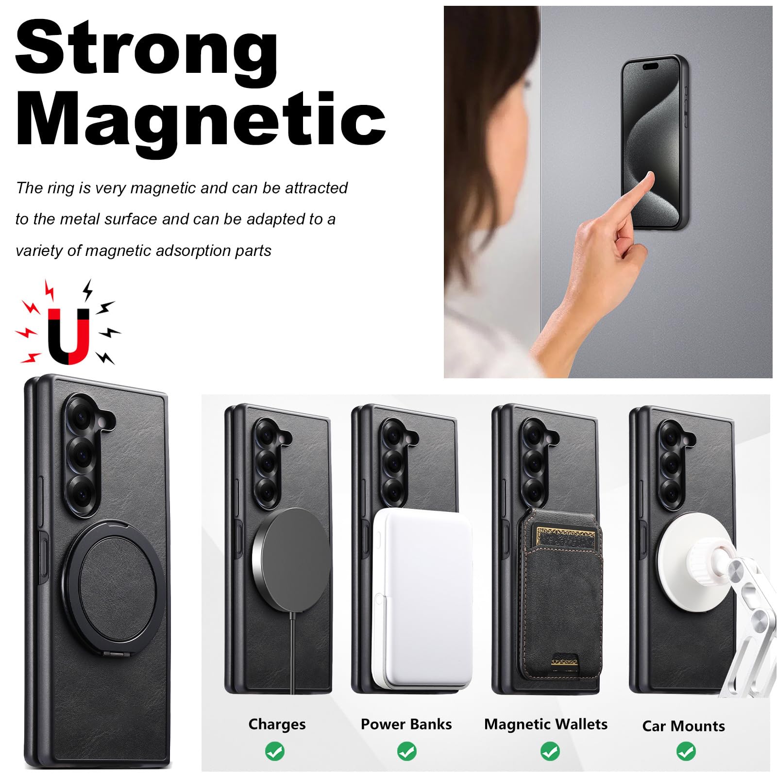 Magnetica Caso Per Samsung Galaxy Z Fold 8 Ultra, Rotazione a 360° Anello | Minimalista Cover In Pelle Protezione Staffa Invisibile Anti-Caduta Anti Ingiallimento Guscio,Nero,Fold 8 Ultra