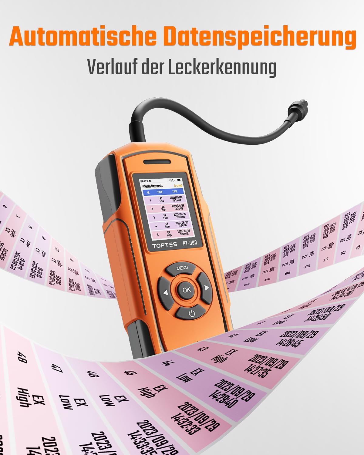TopTes PT-990 Wiederaufladbarer Gasleckdetektor mit 28cm Flexibler Sonde, Erfassungsbereich 0-10000 ppm, Datenprotokollierung und 3 Alarmarten, Gasmelder für Propan, Methan für Industrie - Orange