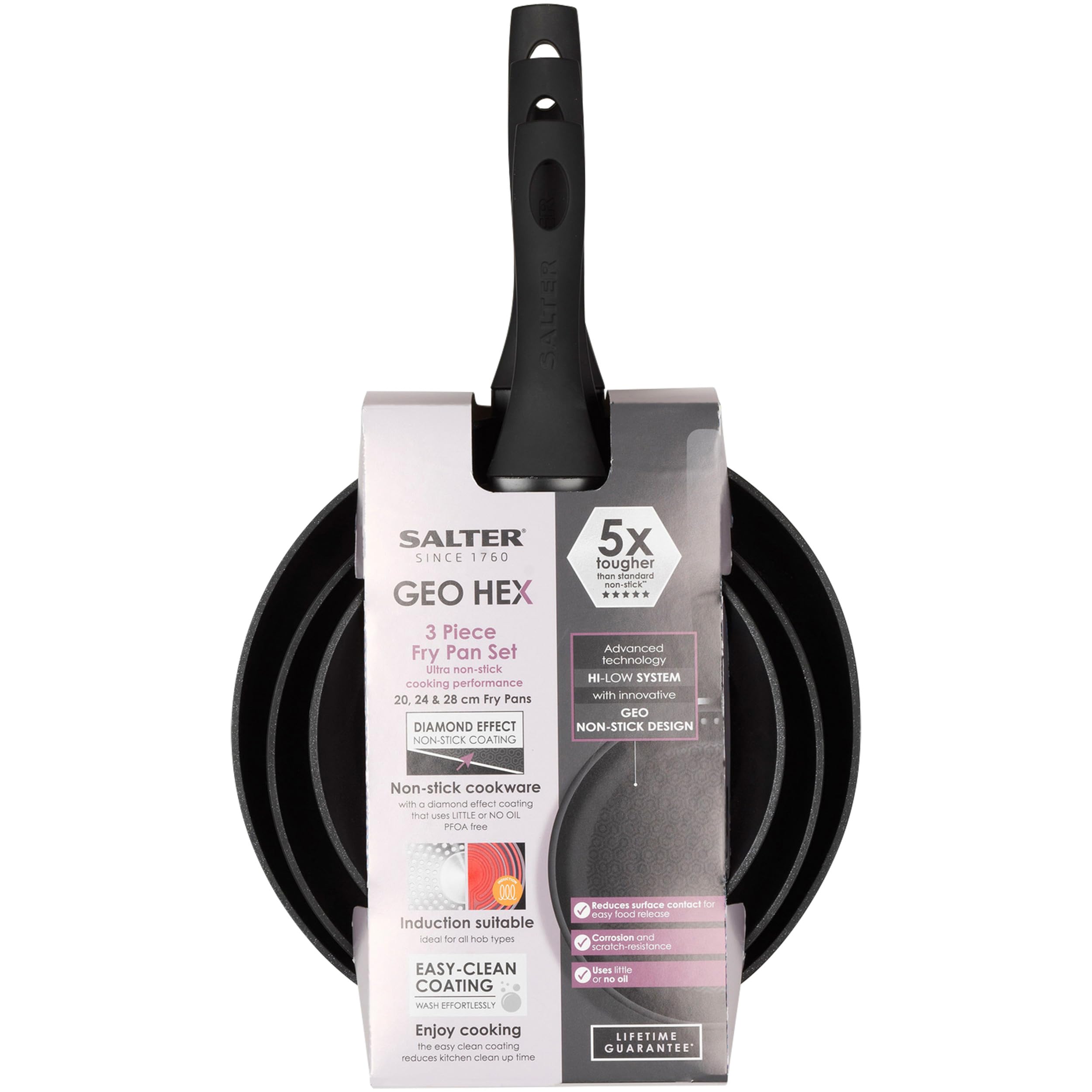 Salter BW08773 Geo - Juego de sartenes hexagonales antiadherentes (3 piezas, aluminio forjado, 20,24,28 cm, superficie hexagonal, color negro mate, apta para placa de inducción)