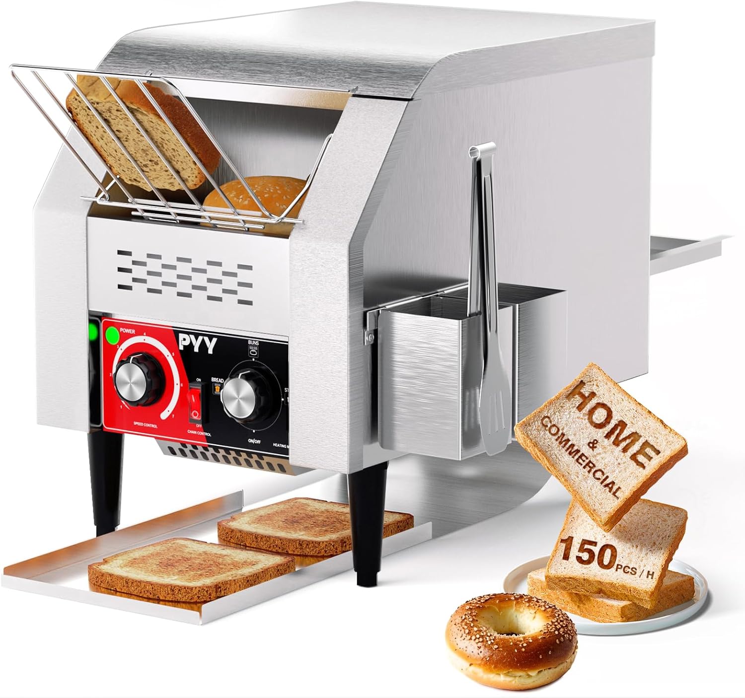 PYY Commercial Conveyor Toaster 150 Slices/Hour, Electric Conveyor Belt Toaster for Toast, Bun, Bagel, Bread, Heavy Duty Stainless Steel Toaster Oven for Restaurant, Bakery, Buffet Use