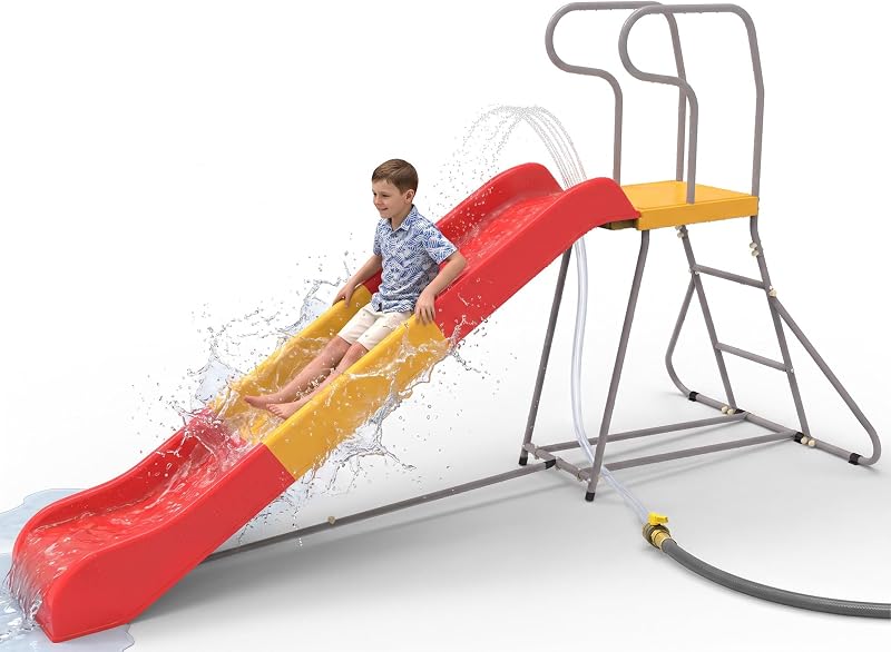 Tobogán acuático de 8,2 pies para niños, tobogán independiente para exteriores e interiores con tubería de agua y escaleras, equipo de juegos resistente, tobogán para pileta y jardín, césped, edades de 3 a 10 años