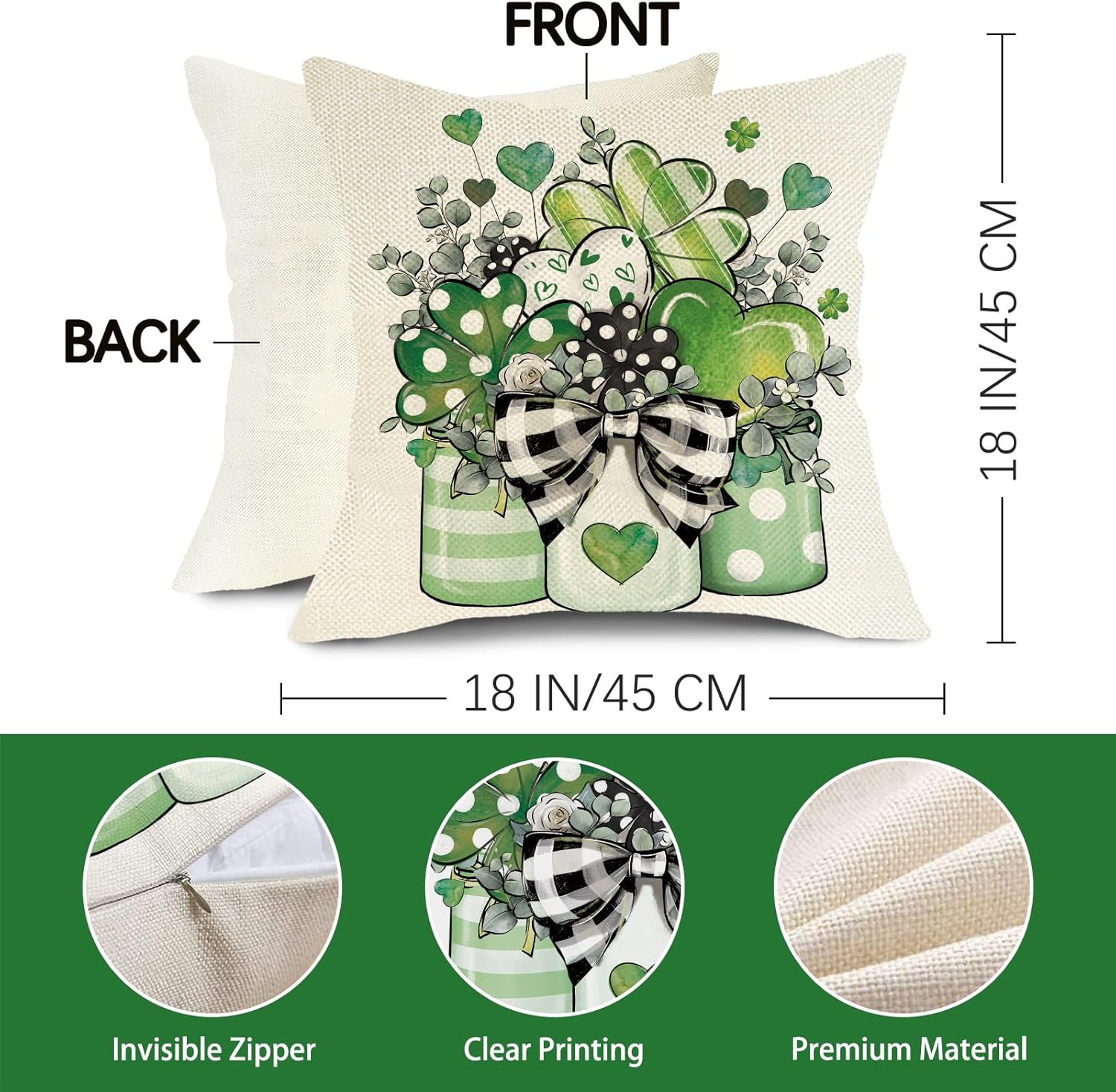 St Patricks Day Decorative Throw Pillow Covers 18 x 18 Set of 4, Lucky Shamrock Clover Truck Mason Jar Porch Outdoor Home Decor, Buffalo Plaid Stripes Heart Irish Spring Sofa Couch Cushion Case - Image 2