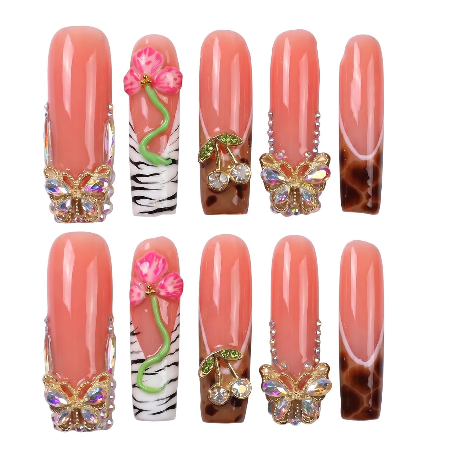 Handmade Press on Nails Extra Long Square Animal Prints French Tips Fake Nails with 3D Butterfly Cherry, Luxury Rhinestone Reusable Stick on False Nails for Women 10Pcs (Size M)