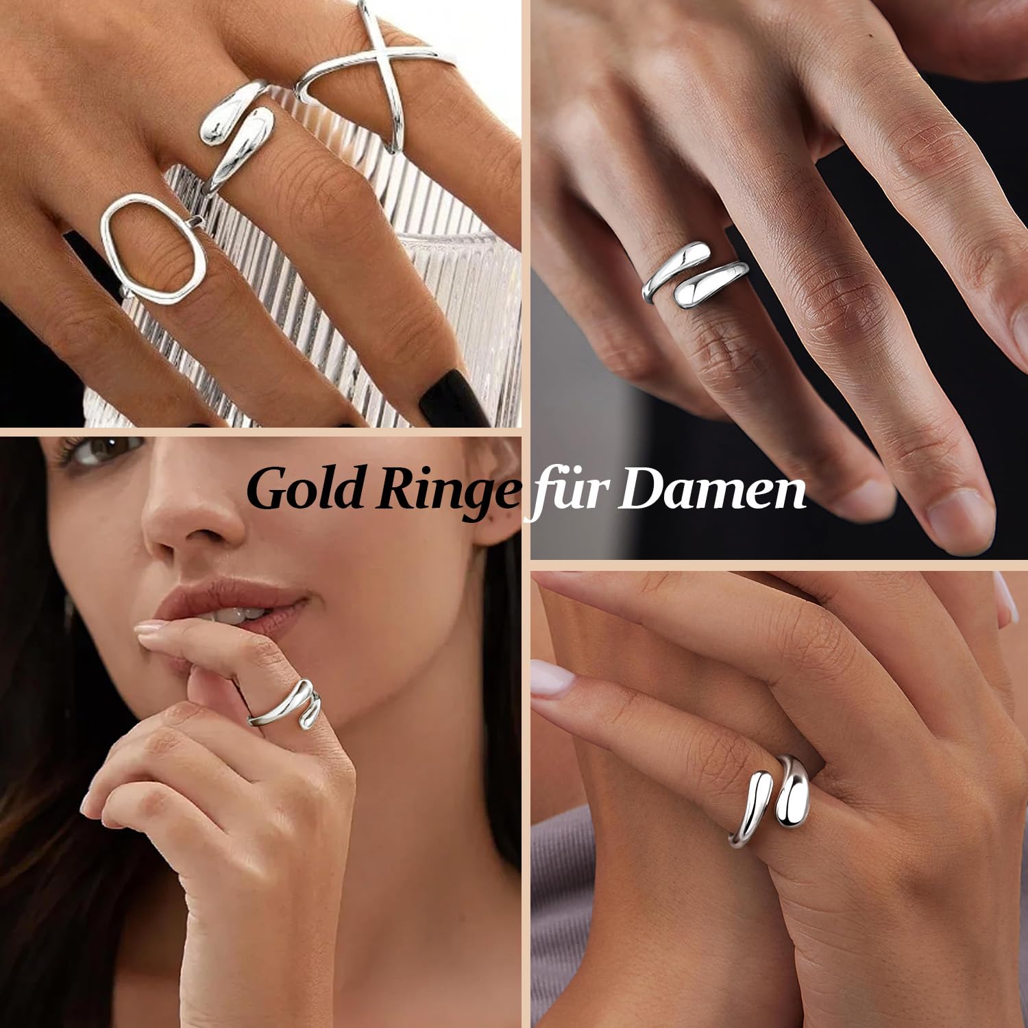 Ringe Gold Silber für Damen Edelstahl Wasserfeste Verstellbare Statement Goldene Stapelringe Fingerring Ehering Modeschmuck