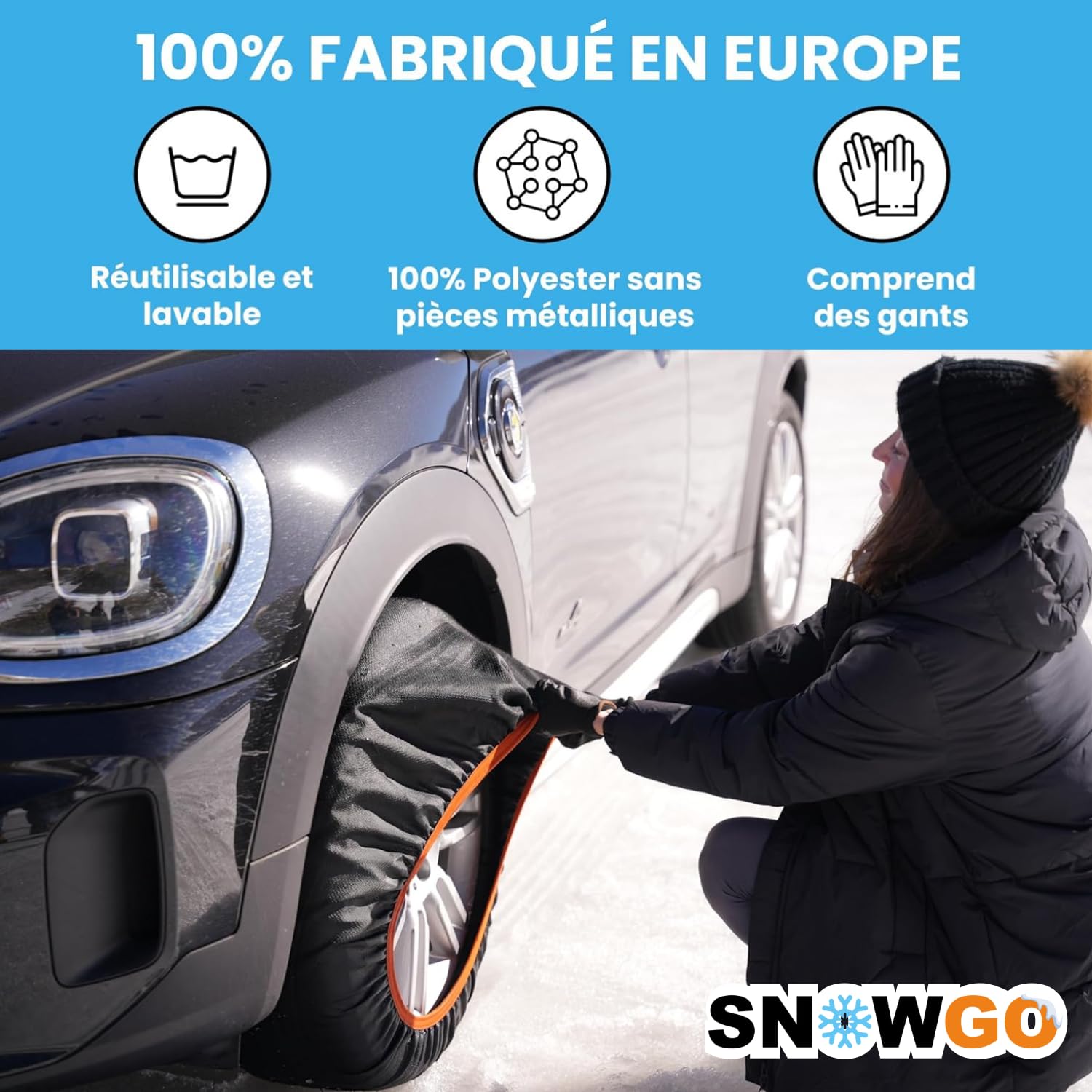 SNOWGO - Jeu de 2 Chaussettes à Neige Textile - Taille XS à XXL - Homologué 16662-1 Europe - Compatibles véhicules 4x4, Électriques, camionnettes et véhicules Utilitaires <3,5T. (XL)