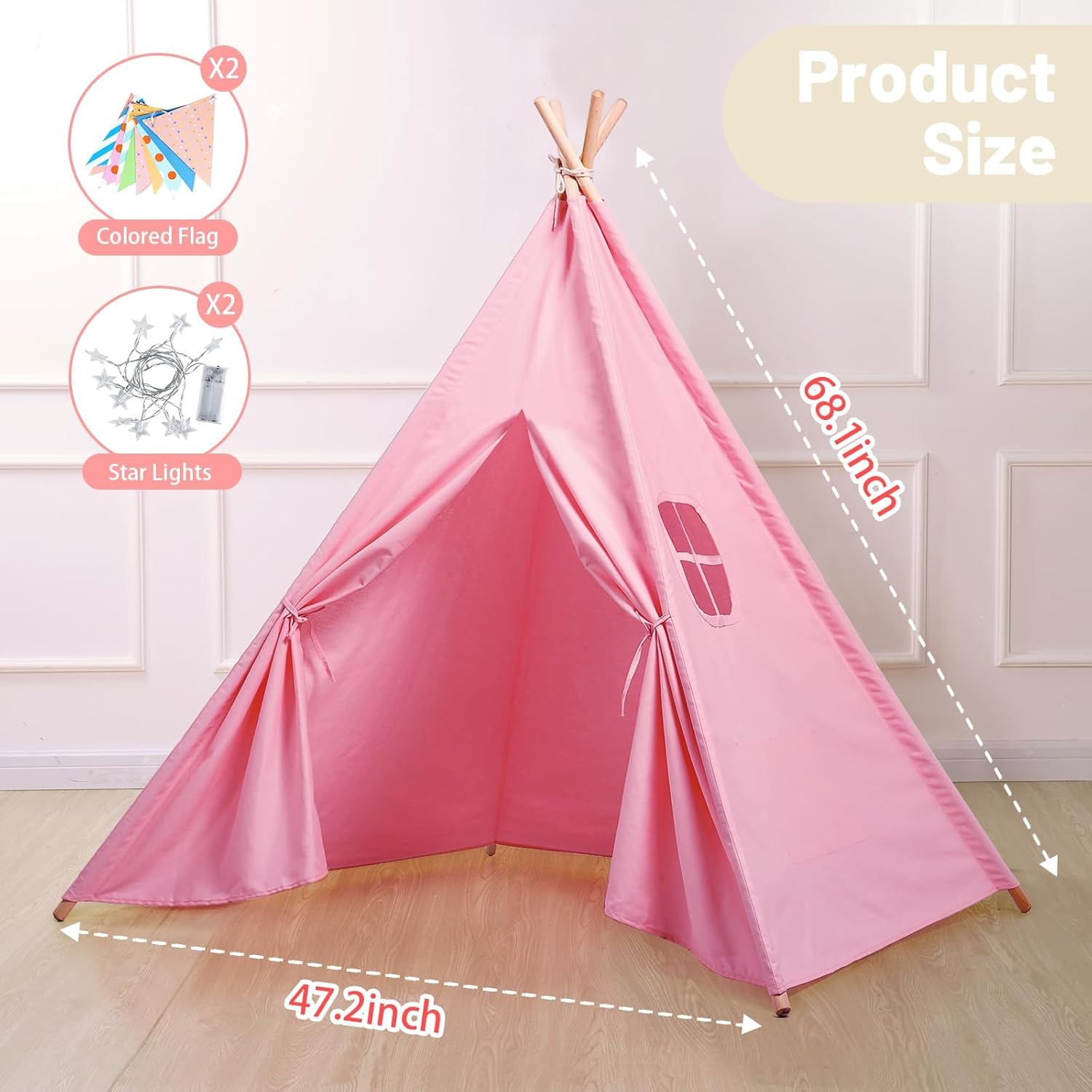 Wilwolfer 2 Pack Teepee Tent for Kids Slumber Party with Lights, Indoor Sleepover Play Tents for Girls, Foldable Toddler Playhouse for Sleepover Parties, Pink