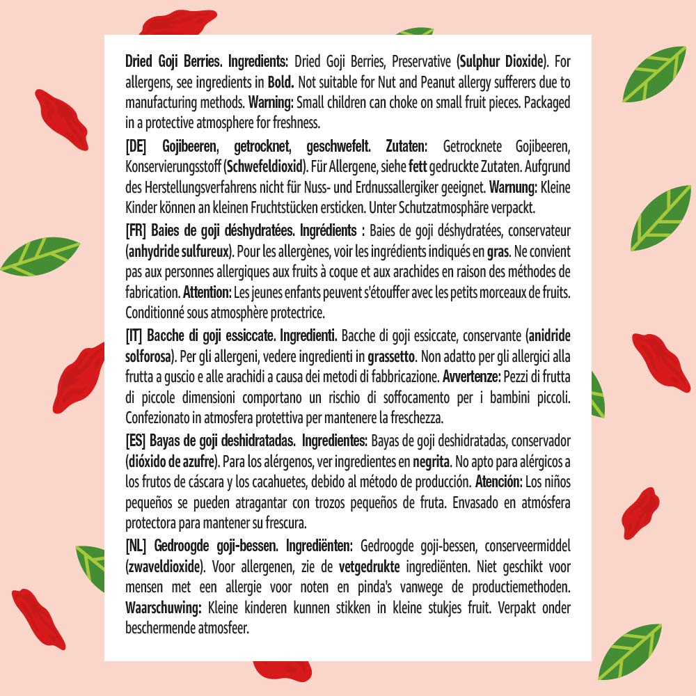 Marca Amazon - Happy Belly Bayas de goji deshidratadas, 500g, Paquete de 2